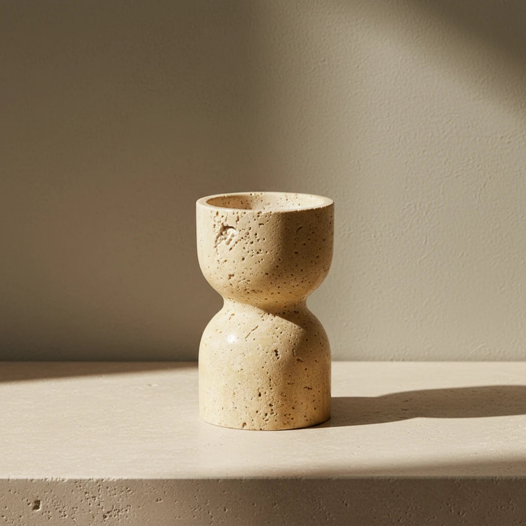 Travertine Hourglass Holder 100% natural beige stone sculptural candle pedestal with hourglass shape.