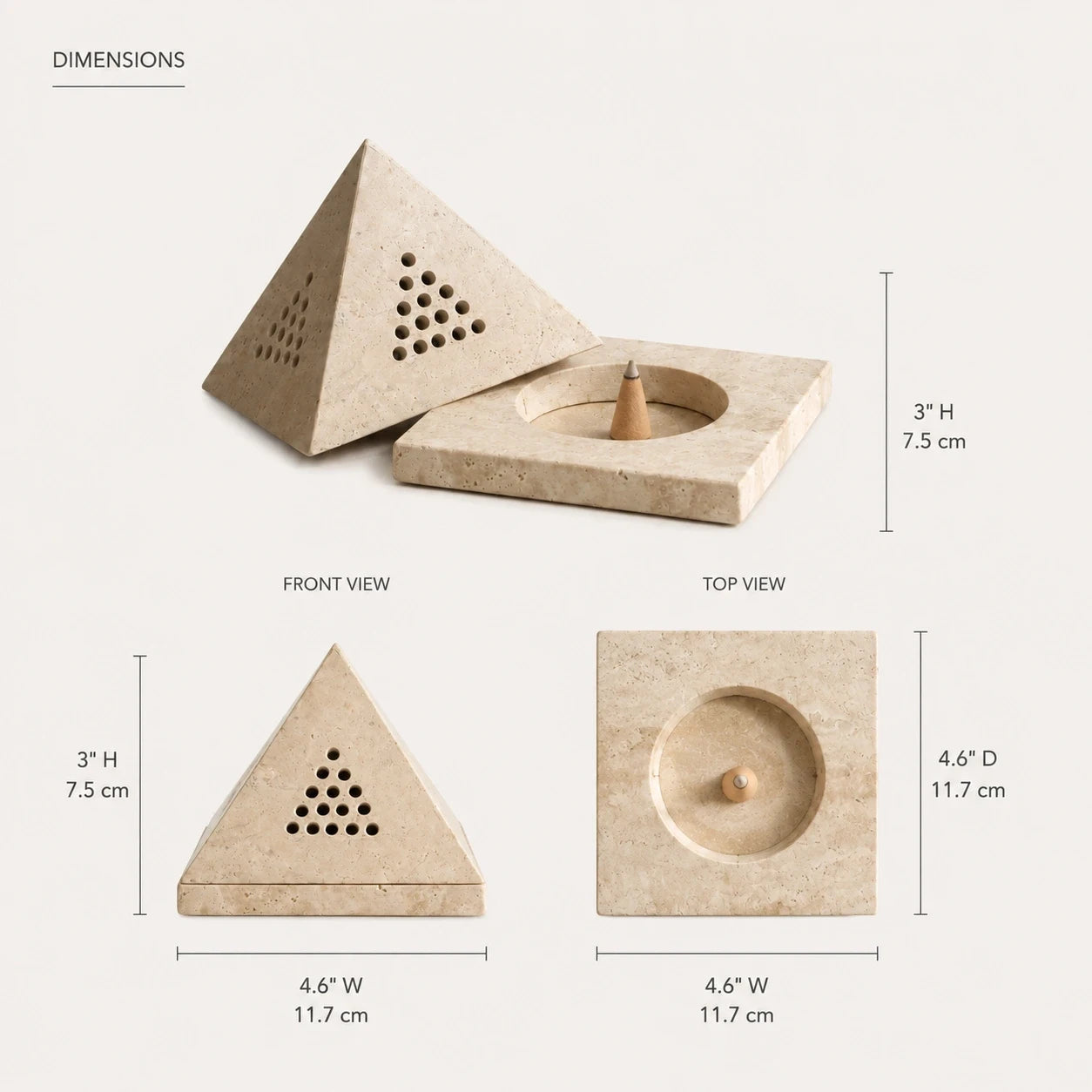 Travertine pyramid incense cone holder dimensions – 3" H × 4.6" W (7.5 × 11.7 cm), front and top view