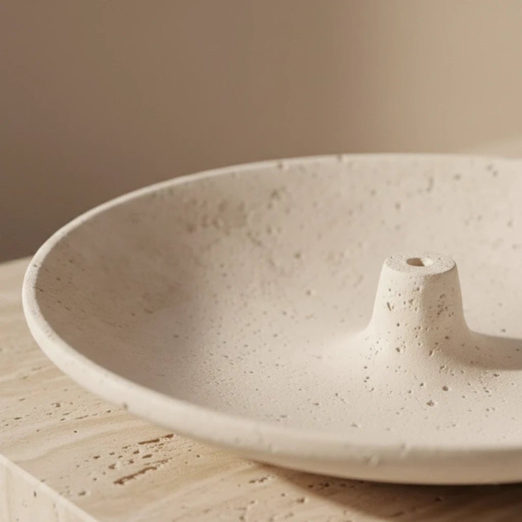 Detailed shot of the Travertine Incense Tray showing its smooth tapered edge and stone finish