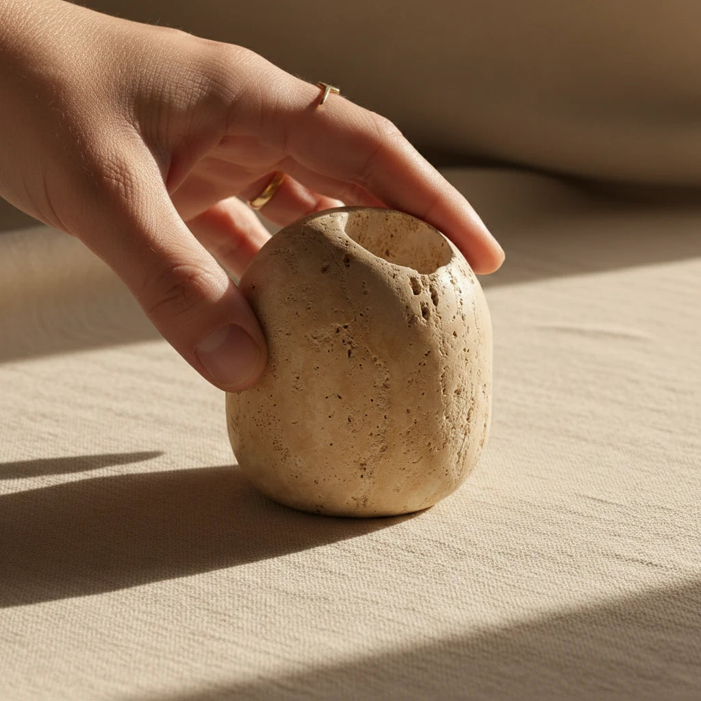 Hand holding Travertine Match Relic stone holder to show mini scale and artisanal detail