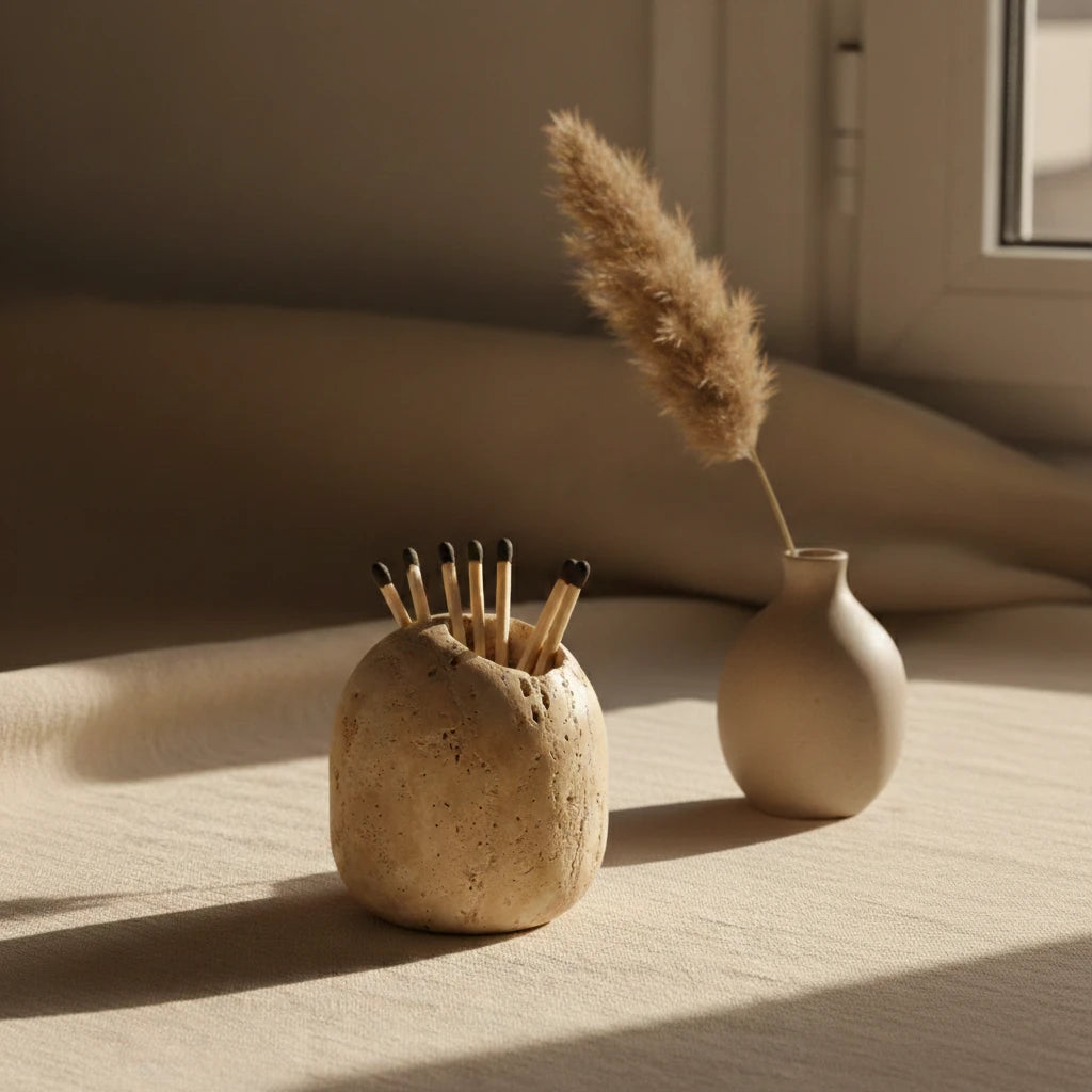 Travertine Match Relic stone holder with matches as a minimalist desk decor accessory