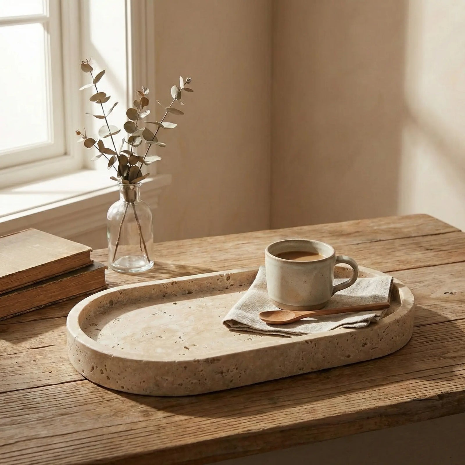 Travertine Oval Platter lifestyle styling with natural stone texture in home setting