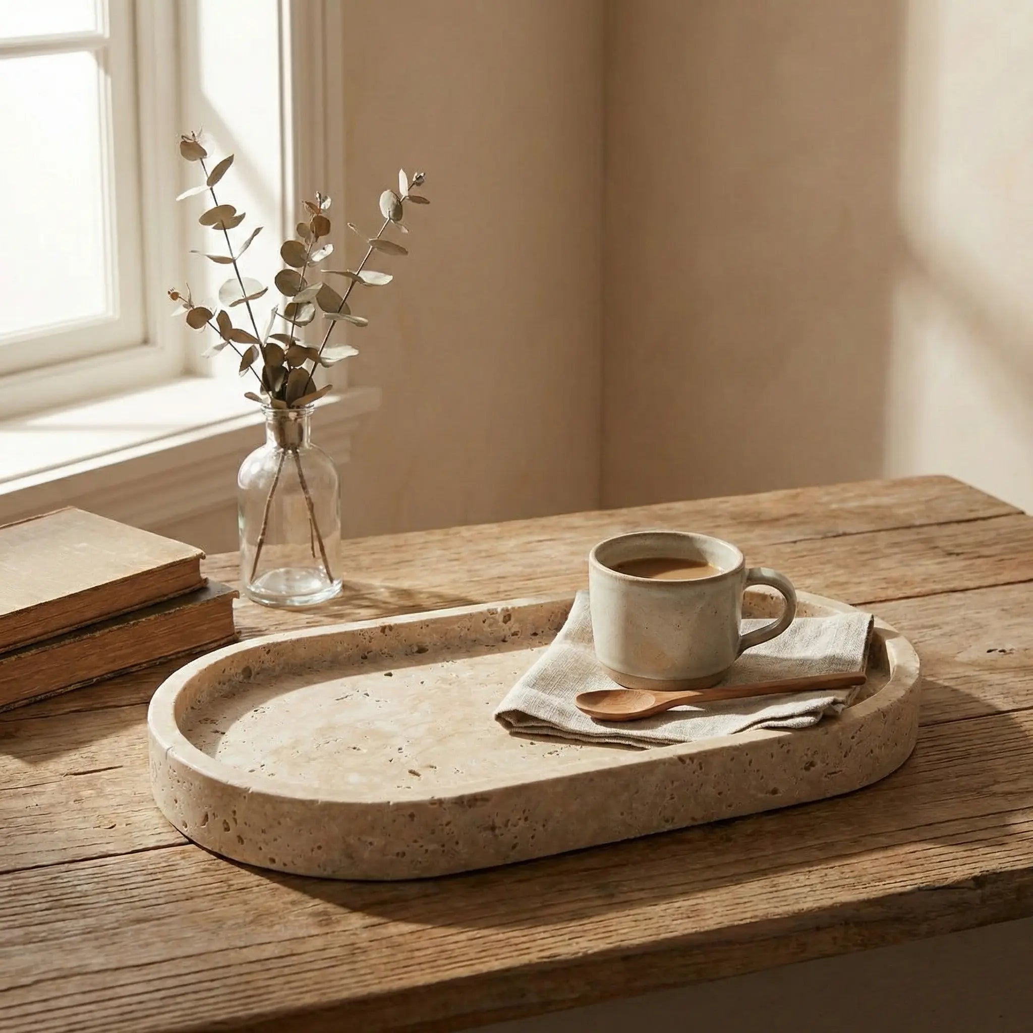 Travertine Oval Platter lifestyle styling with natural stone texture in home setting