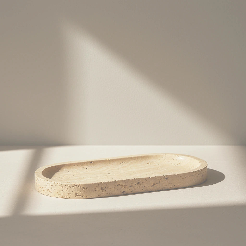 Travertine Oval Platter handcrafted 100% natural beige stone tray with organic pitted texture