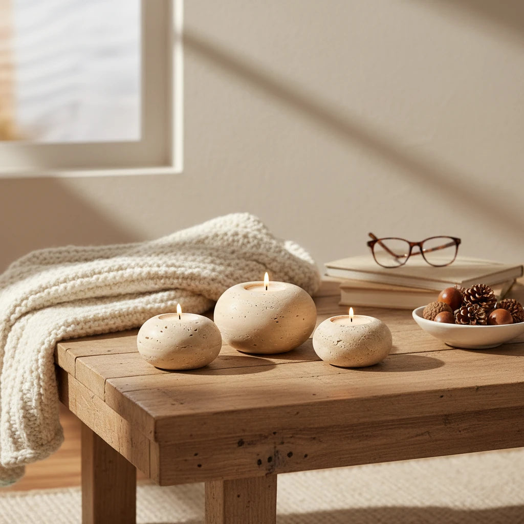 Travertine Pebble Holder set on a wooden coffee table in a cozy, sunlit living room decor scene