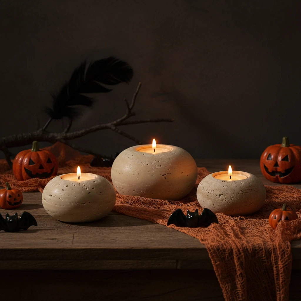 Travertine Pebble Holder stone candles in a dark-themed lifestyle setting with festive decor