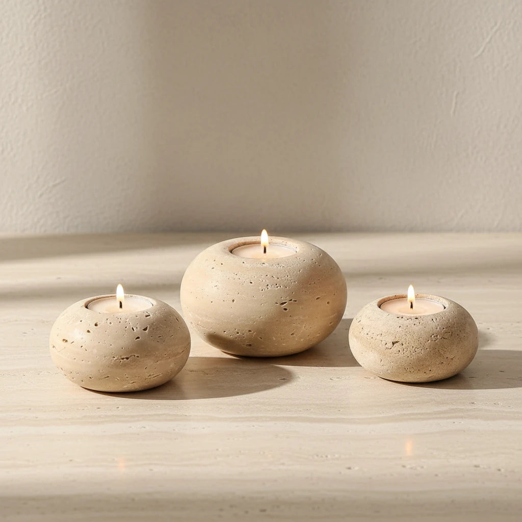Travertine Pebble Holder trio set of handcrafted organic-shaped natural stone candle holders
