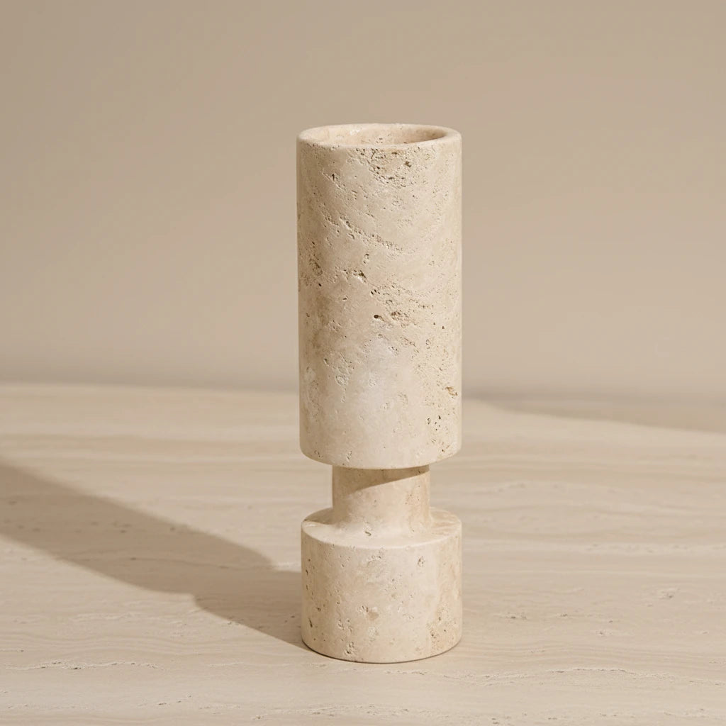 Travertine Pillar Holder handcrafted from 100% natural beige stone with a minimalist pillar design