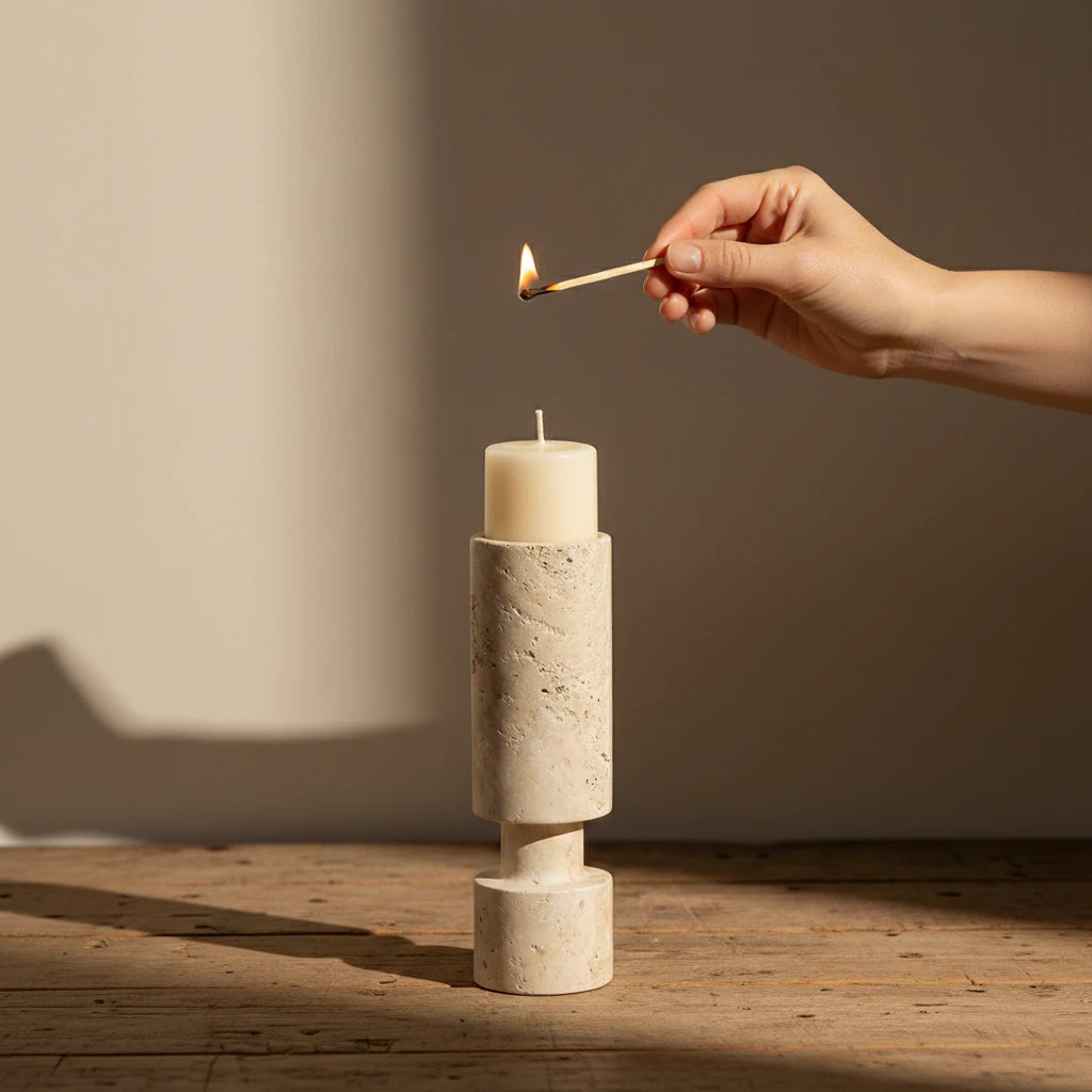Hand lighting a candle in the Travertine Pillar Holder beige stone pedestal with warm sunlight shadows