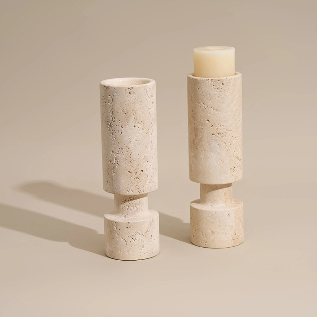 Pair of Travertine Pillar Holder natural stone candle pedestals showing organic texture and scale