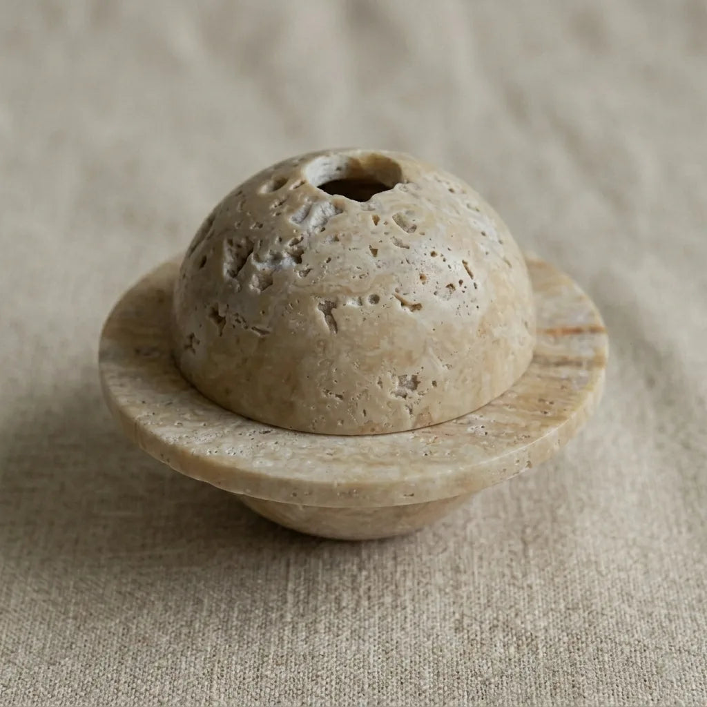 Travertine Relic Censer 100% natural beige stone incense burner with spherical top
