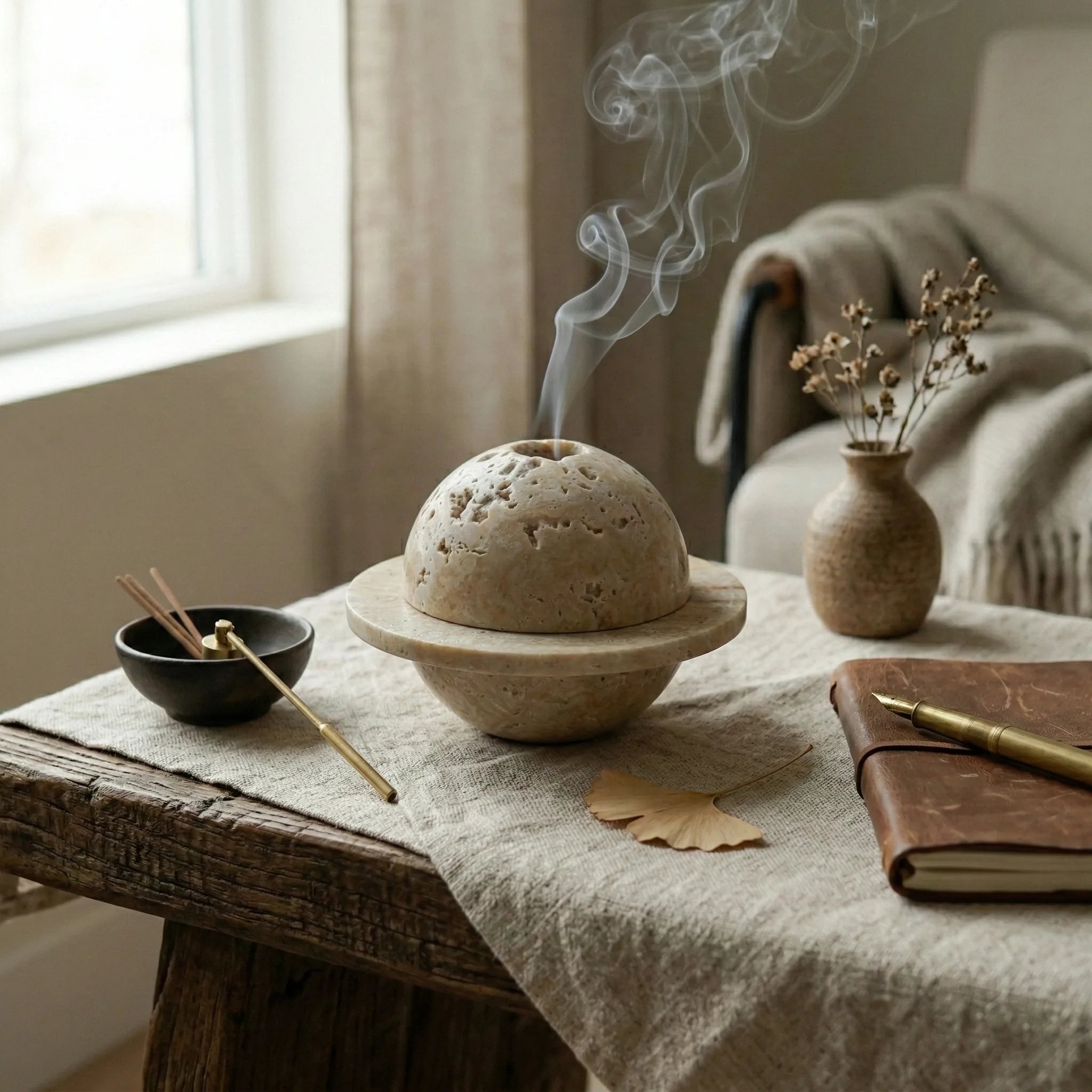 Travertine Relic Censer stone burner on a wooden desk as a zen home decor accessory