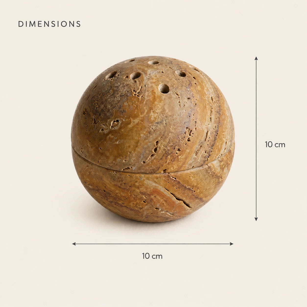 Travertine sphere incense vessel dimensions measuring 10 by 10 centimeters