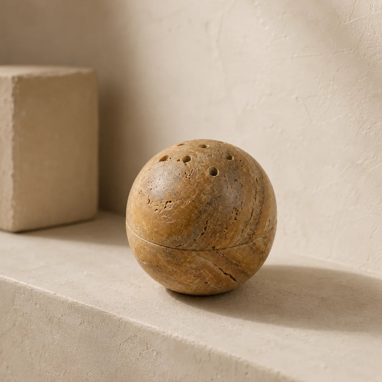 Travertine sphere incense vessel with multi-hole top, styled on stone ledge in minimal interior