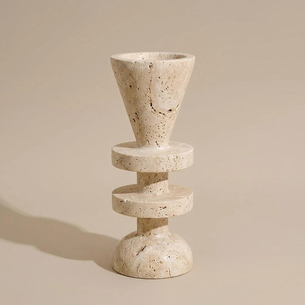 Travertine Tower Holder 100% natural beige stone sculptural candle or incense holder