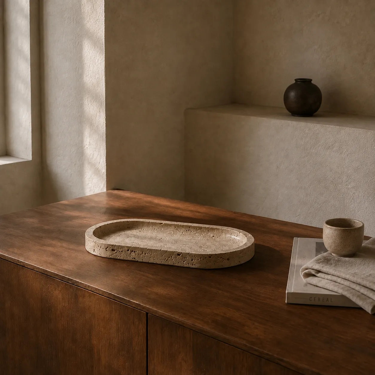 Travertine stone tray displayed on a wooden table in a minimalist interior with natural light and neutral tones.
