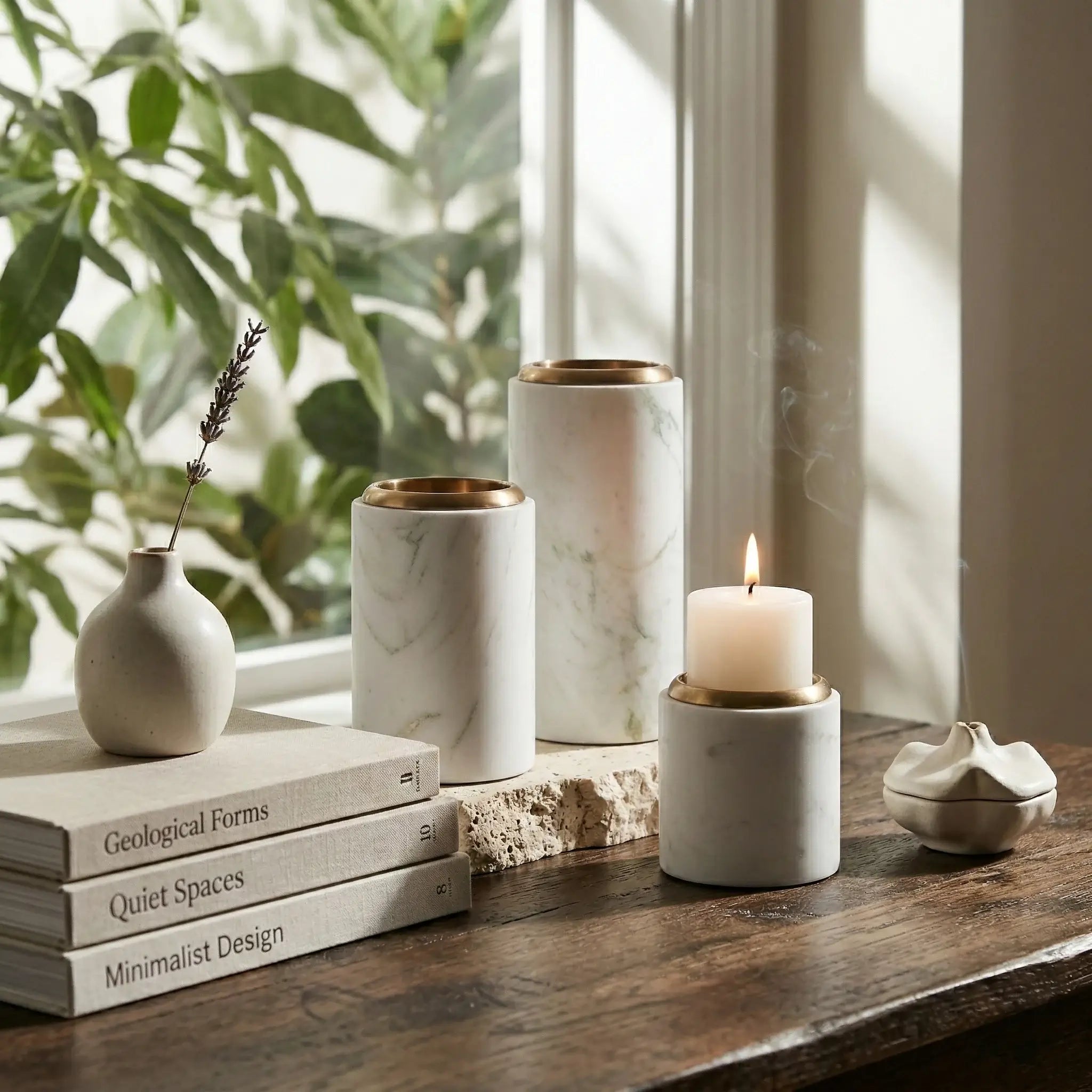 Trio Monolith Pillars marble stone candle set used as luxury bathroom decor lifestyle