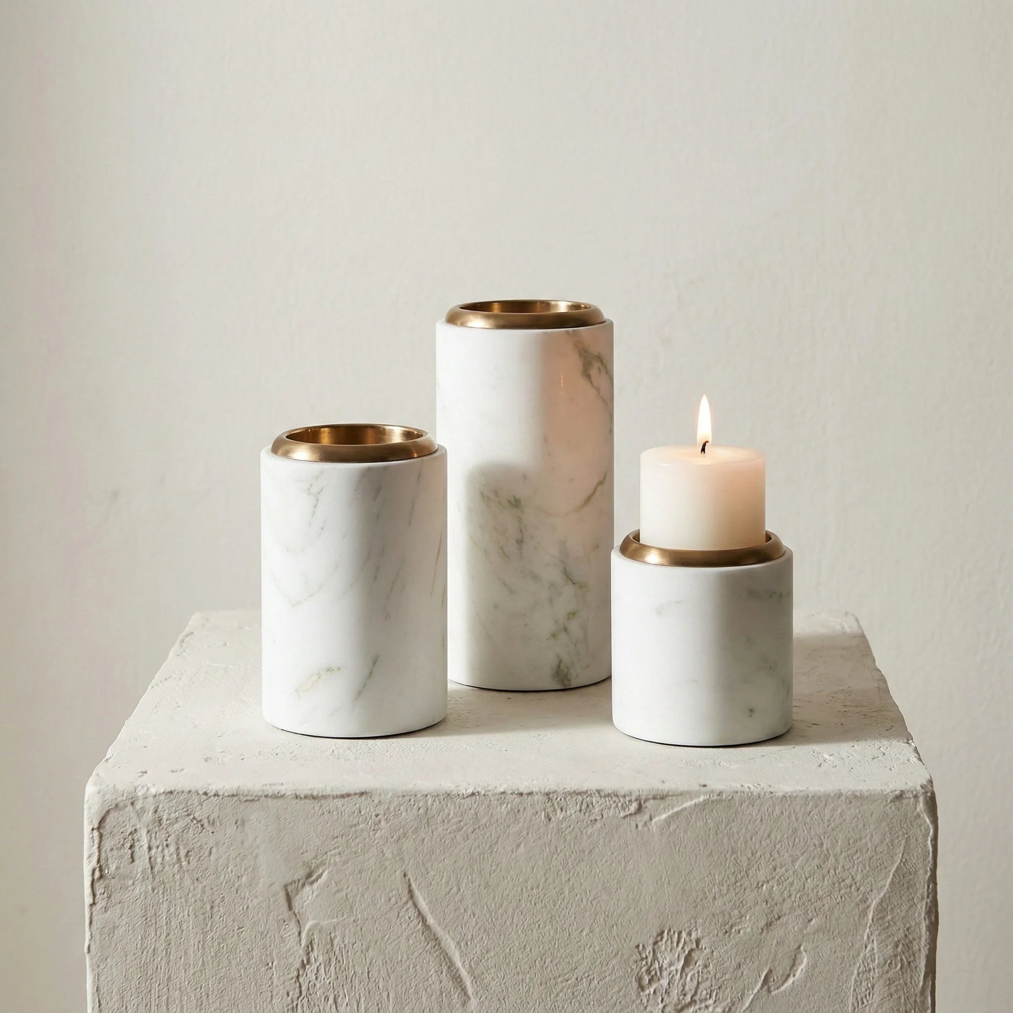 Set of three Trio Monolith Pillars handcrafted from 100% natural white marble stone
