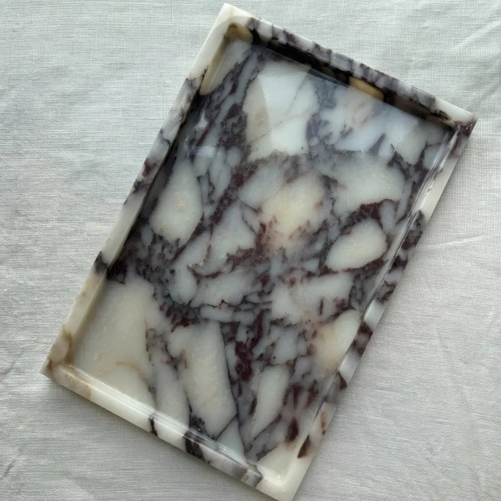Calacatta Viola marble plateau tray with purple veining for jewelry, keys, candles, and home decor
