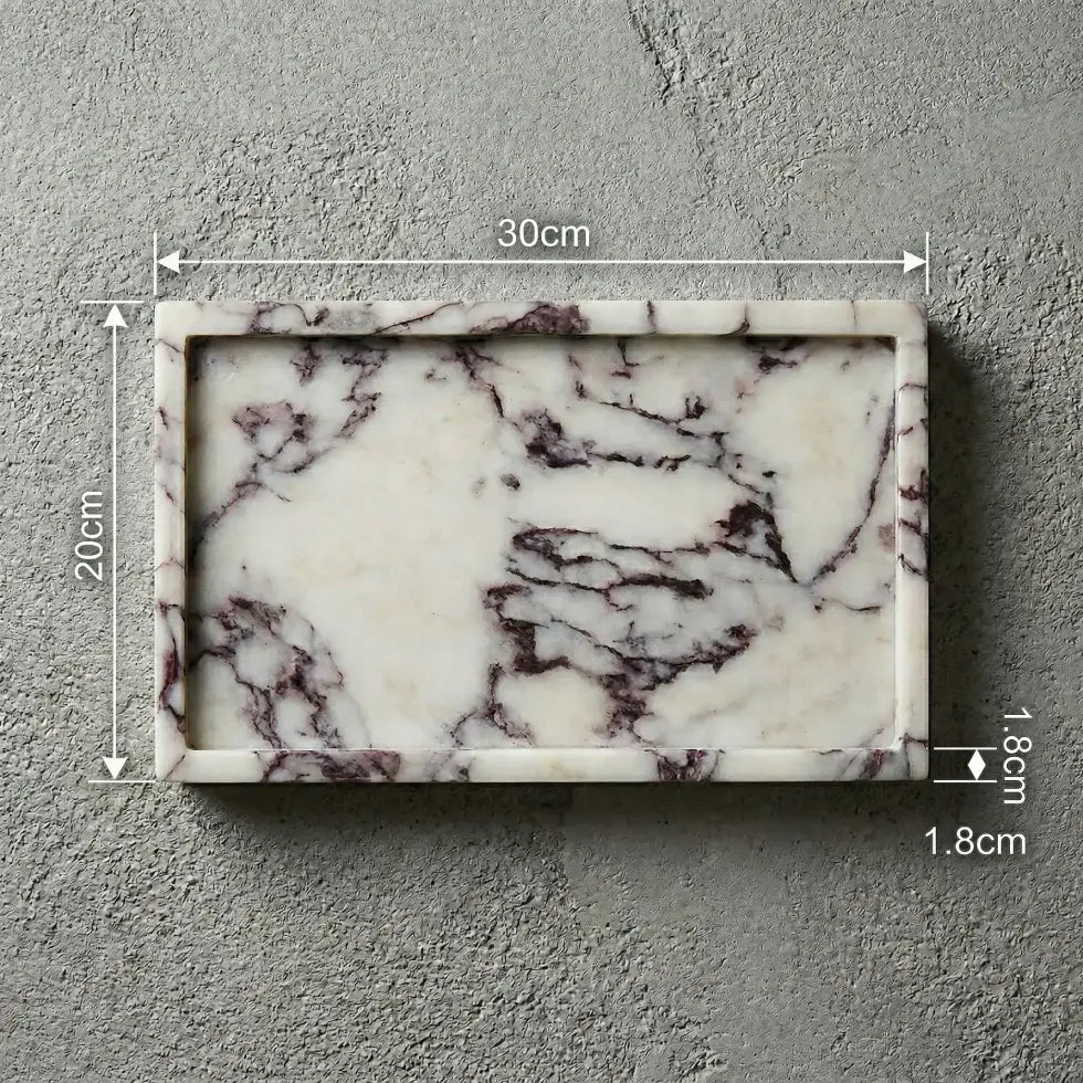 Viola Plateau Stage purple marble tray with precise dimensions and measurement markings