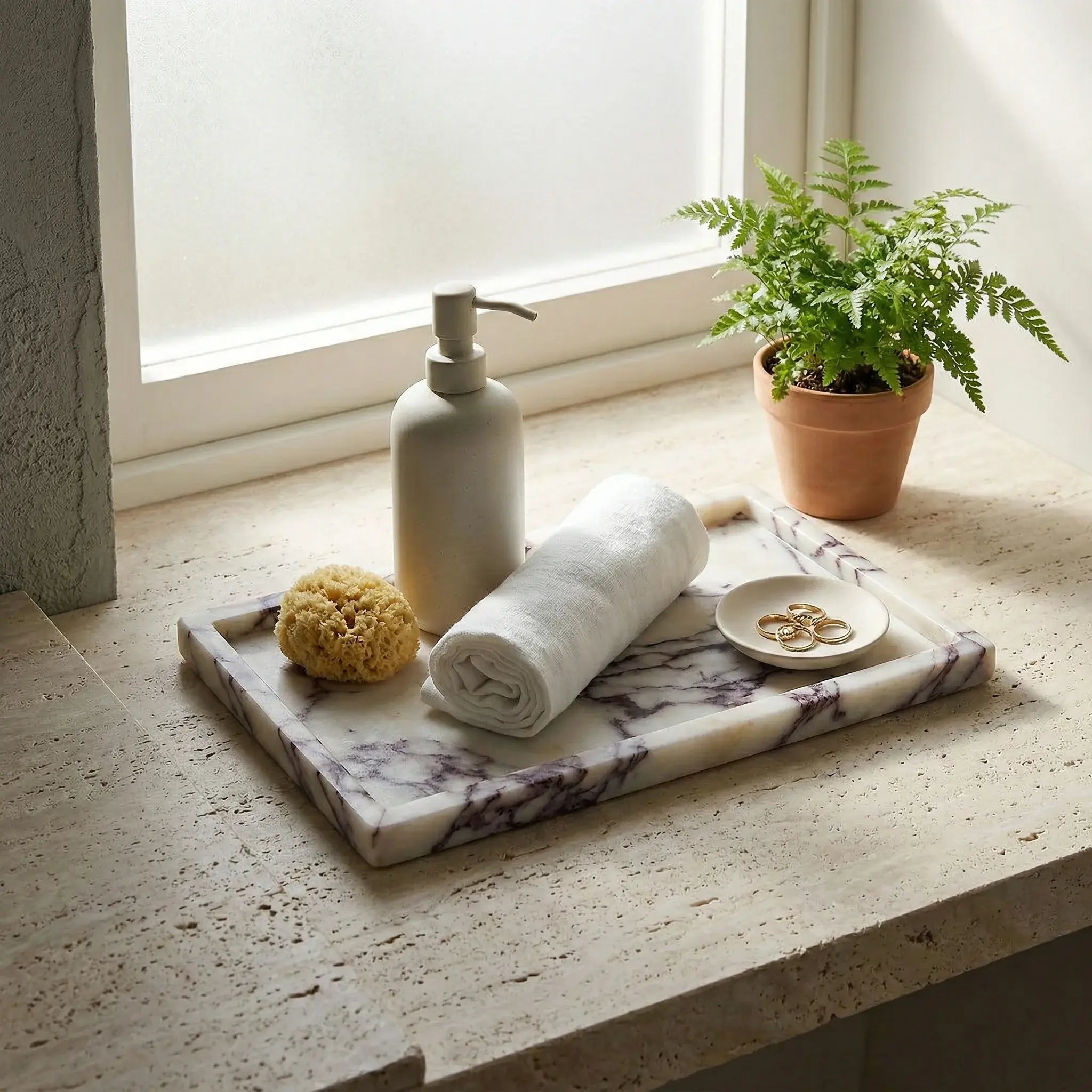 Viola Plateau Stage purple stone tray used as a luxury bathroom organizer for towels