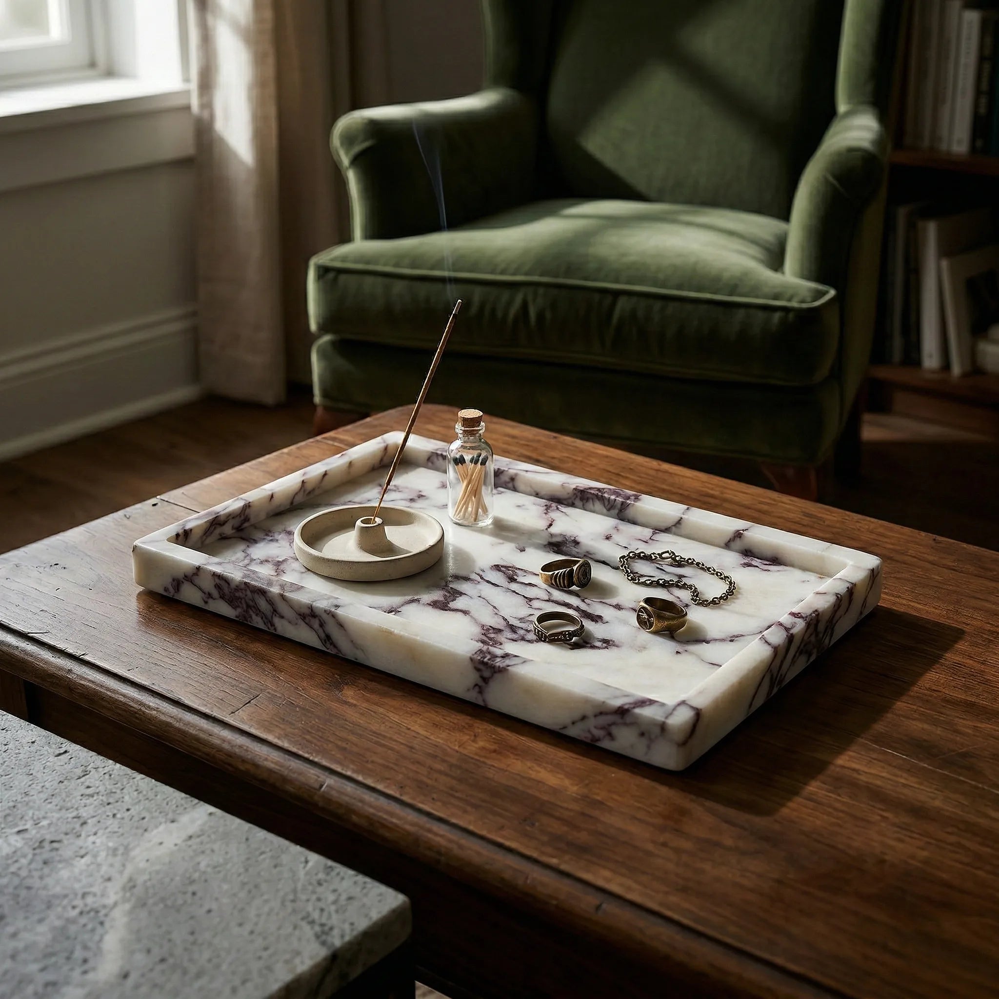 Large Viola marble tray on a dark wood coffee table in a modern living room setting