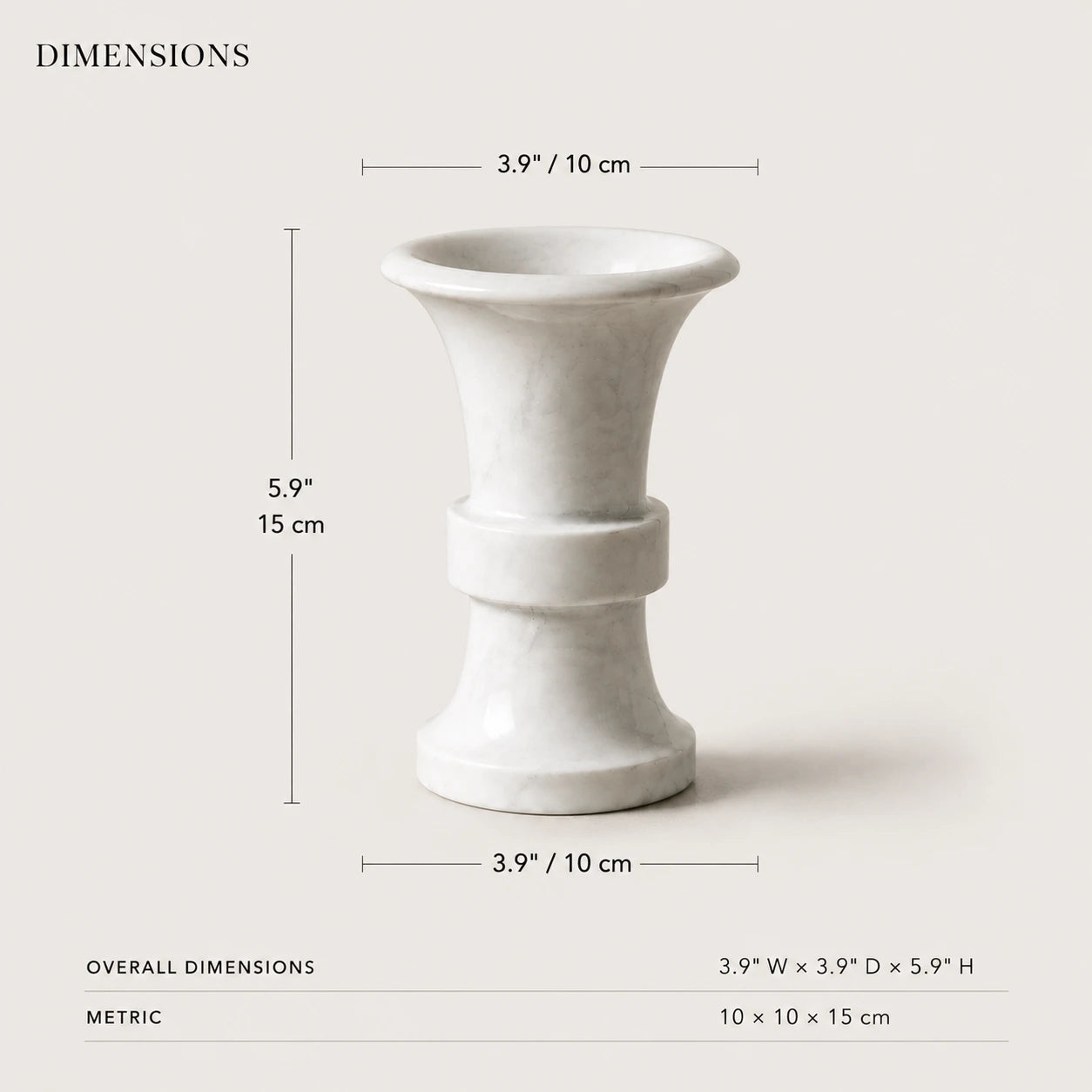 Dimensions of a white natural marble flared candle holder showing a 3.9 inch diameter and 5.9 inch height measurement with a sculptural trumpet-shaped design.