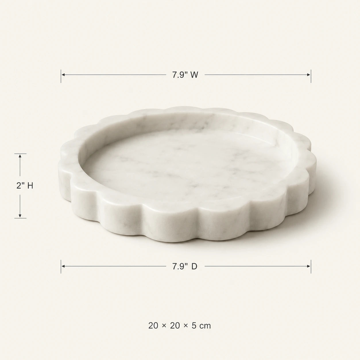 White marble scalloped round tray dimensions – 7.9" W × 7.9" D × 2" H (20 × 20 × 5 cm)