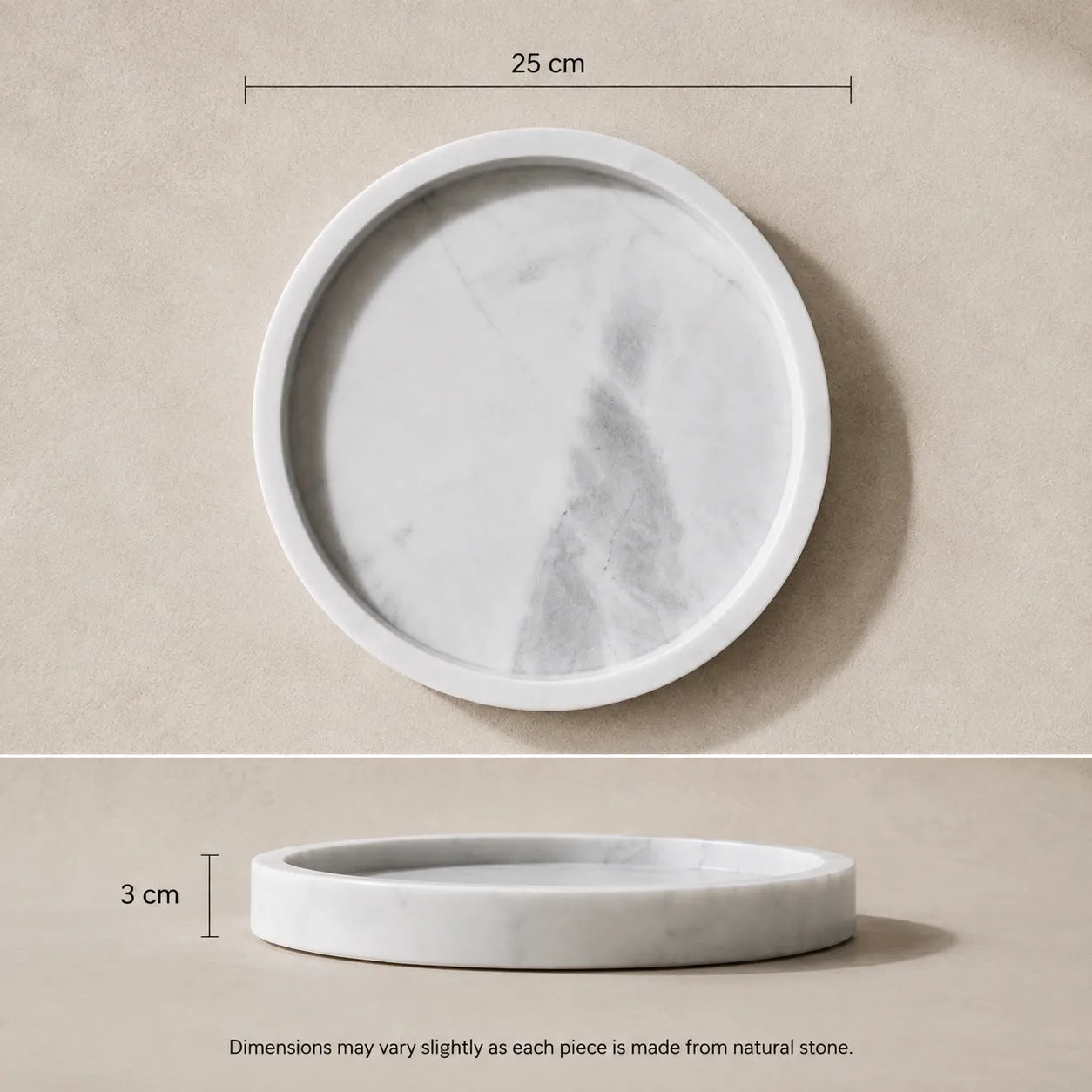White marble round tray dimensions – 25 cm diameter, 3 cm height, top and side view