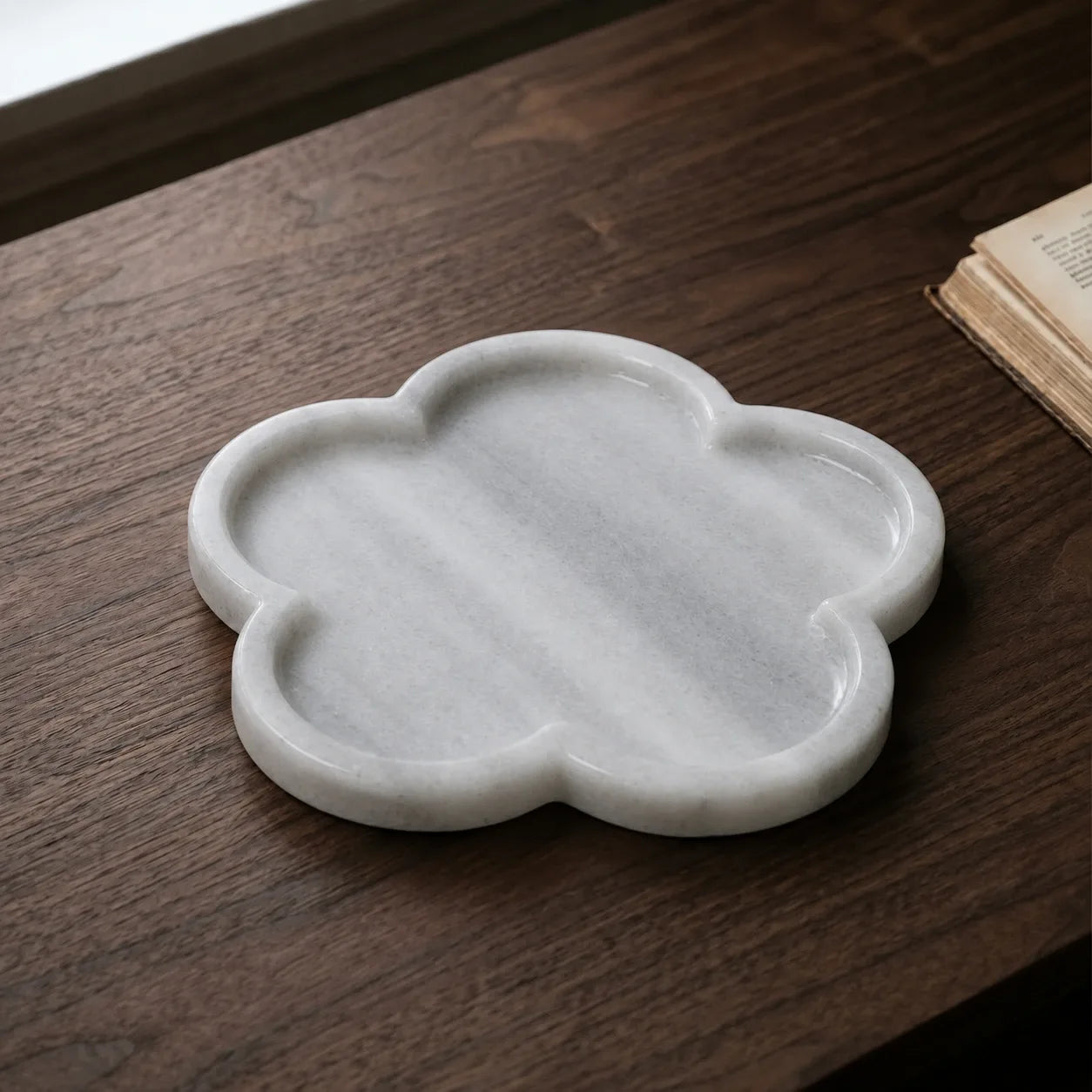 Petal Marble Platter 100% natural white stone tray in a five-petal floral shape, top view