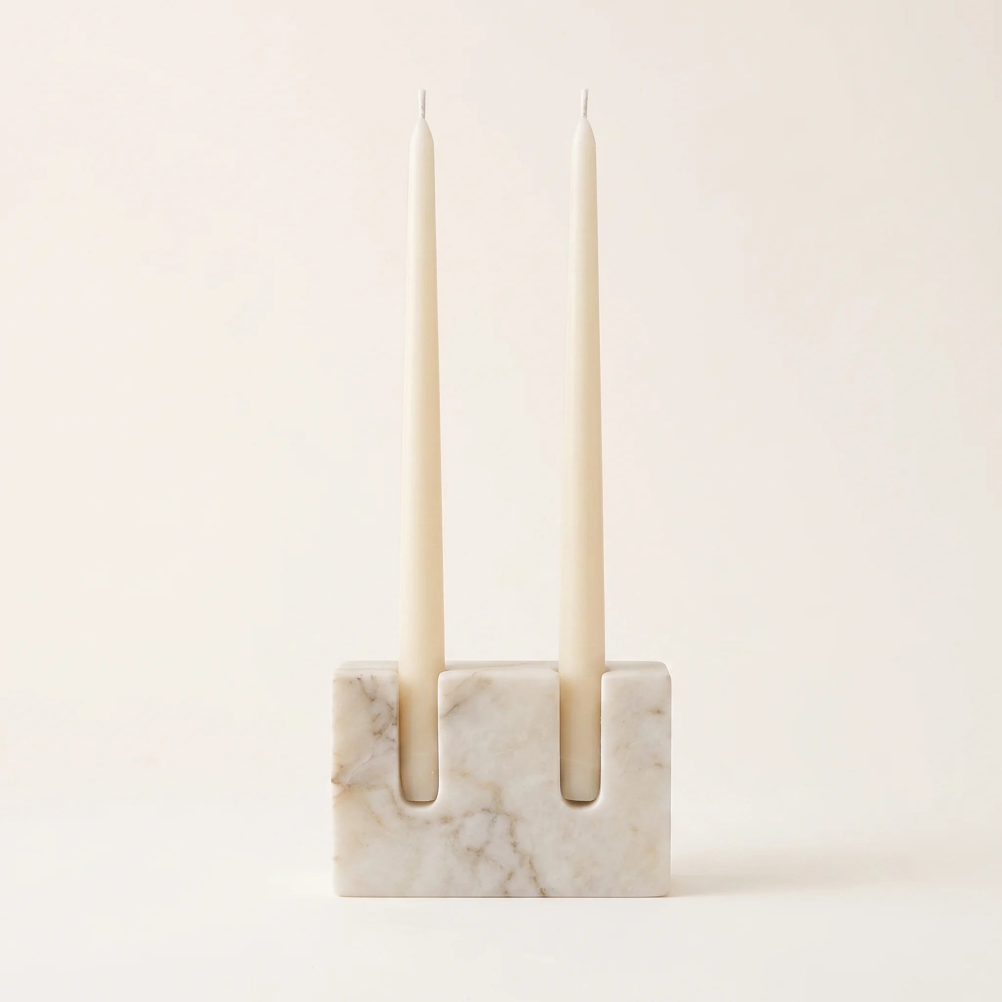 Double Slot Candle Holder in White Marble, rear view showing twin-slot detail — Verdora