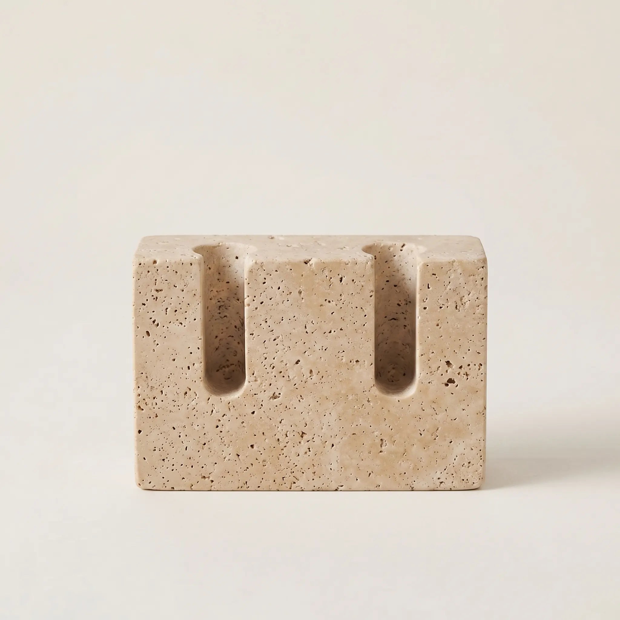 Double Slot Candle Holder in Travertine, front view without candles — Verdora