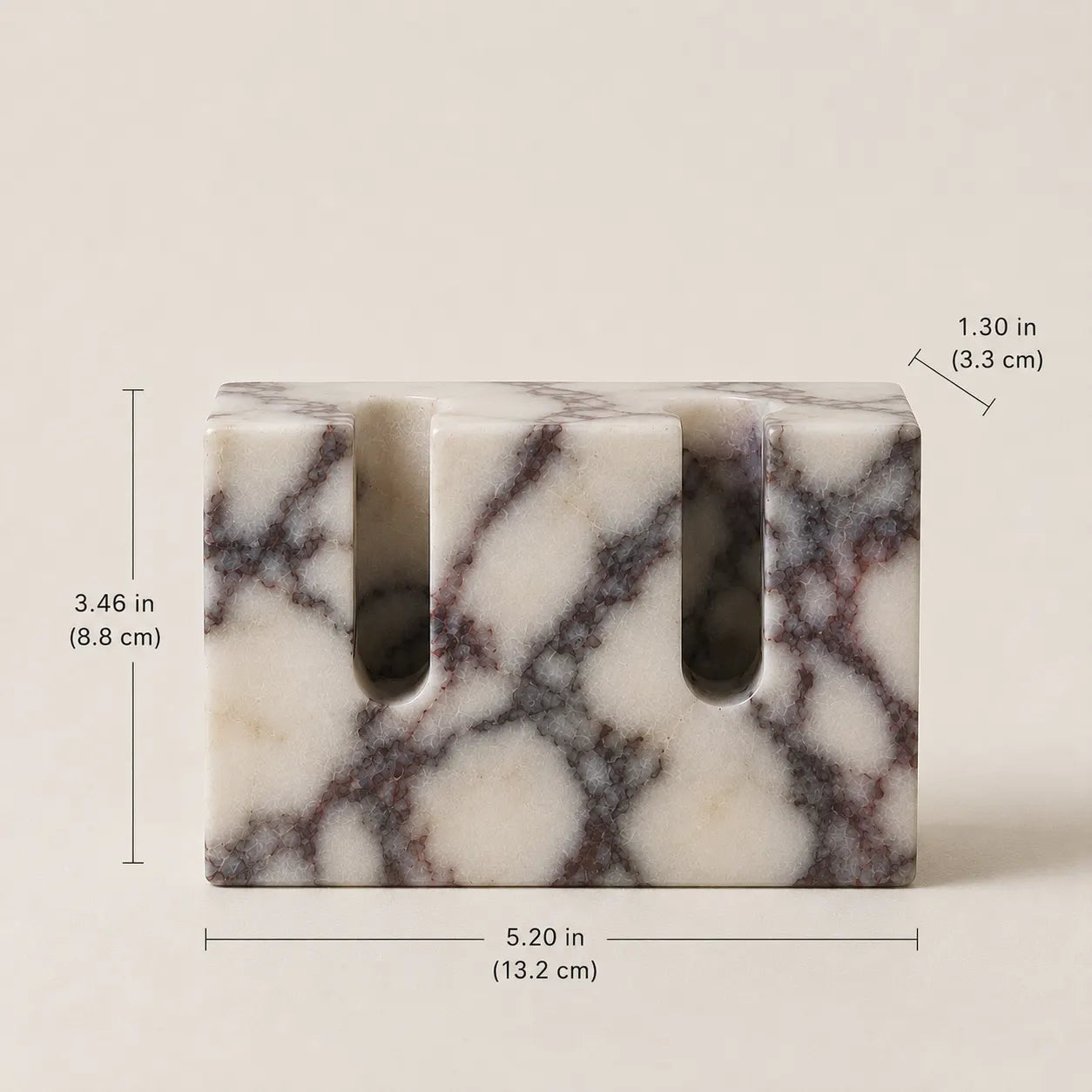 Double Slot Candle Holder dimensions: 5.20 × 3.46 × 1.30 in, shown in Calacatta Viola Marble — Verdora