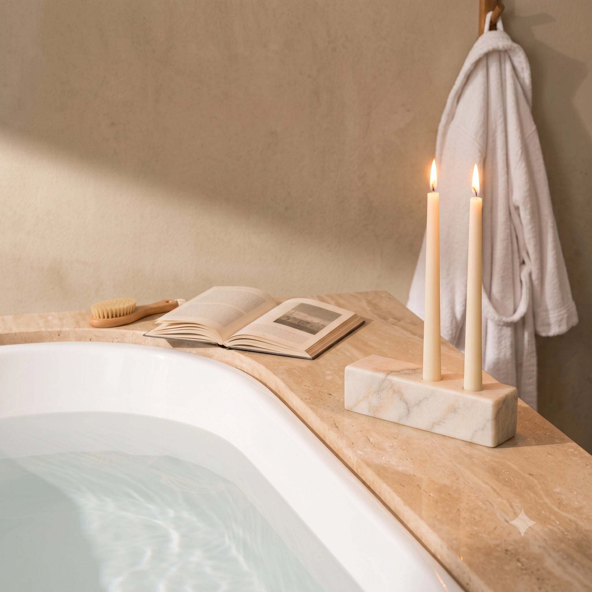 White marble candle holder creating a calm bath ritual with two taper candles.