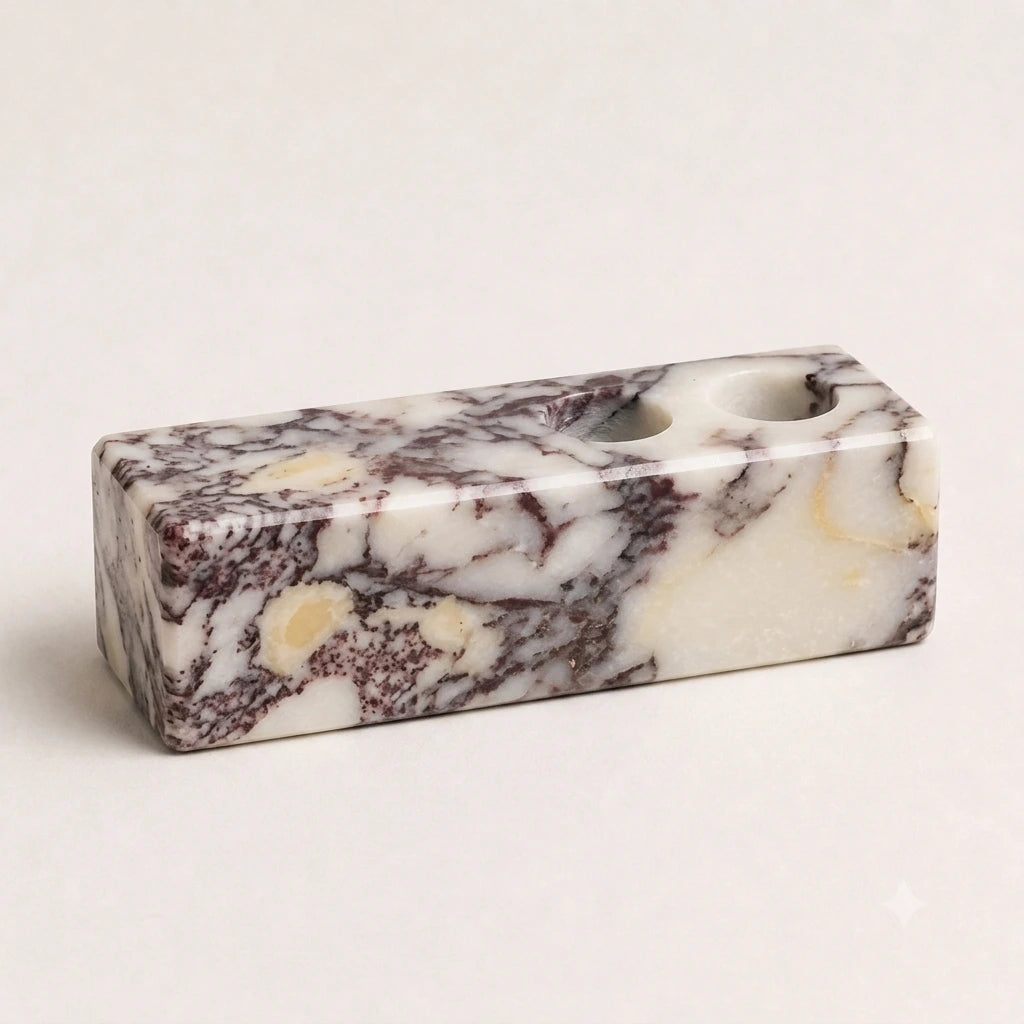 Calacatta Viola marble double candle holder.