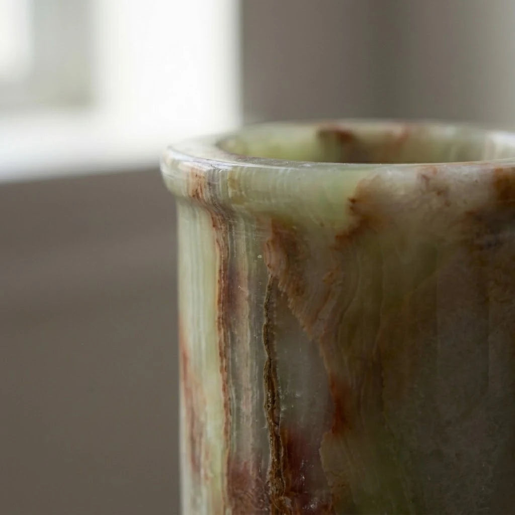 Translucent amber and green veining in solid natural onyx, 888g agate pedestal candle holder stone texture detail