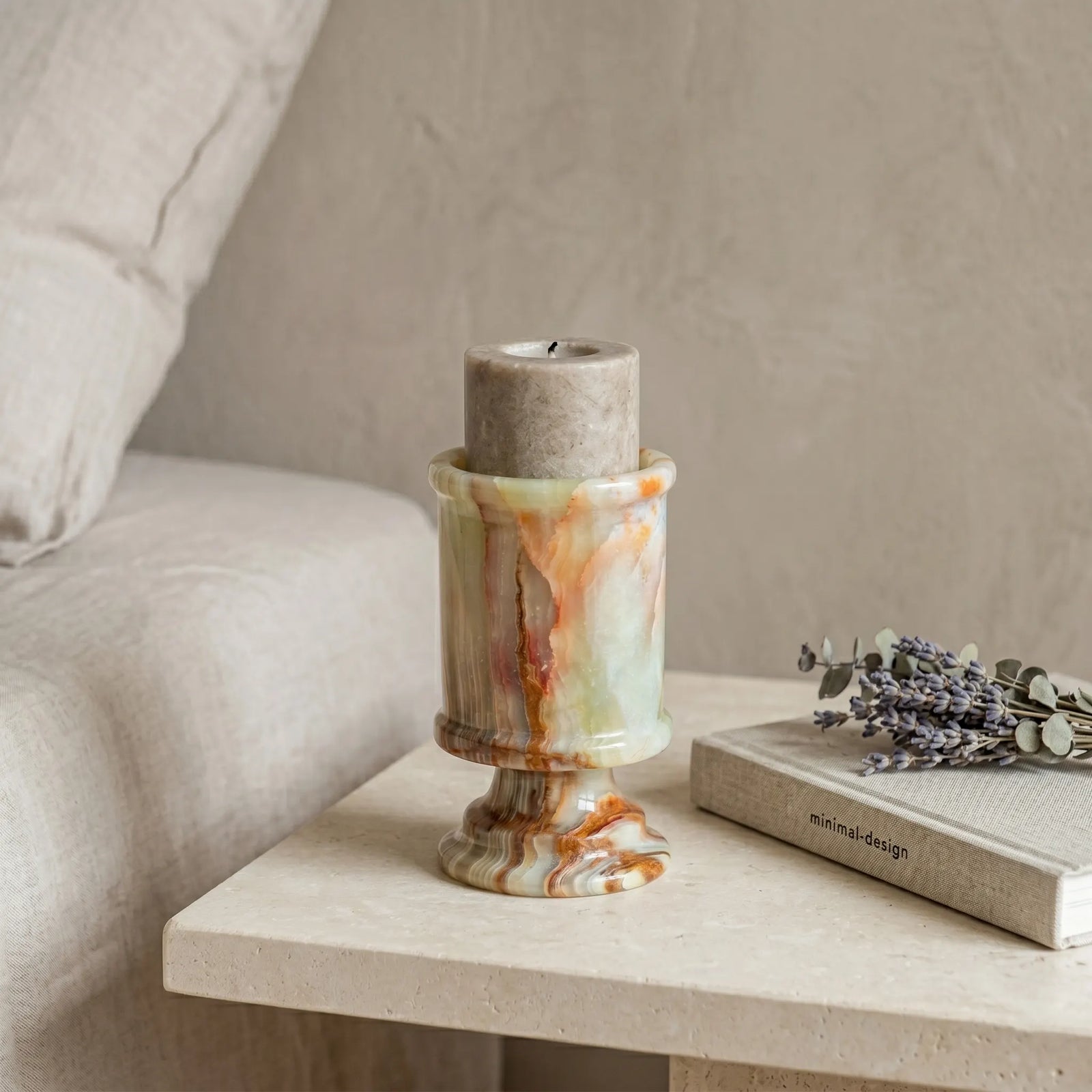 Amber onyx pedestal candle holder, luxury home decor stone centerpiece, natural agate candlestick in styled interior scene