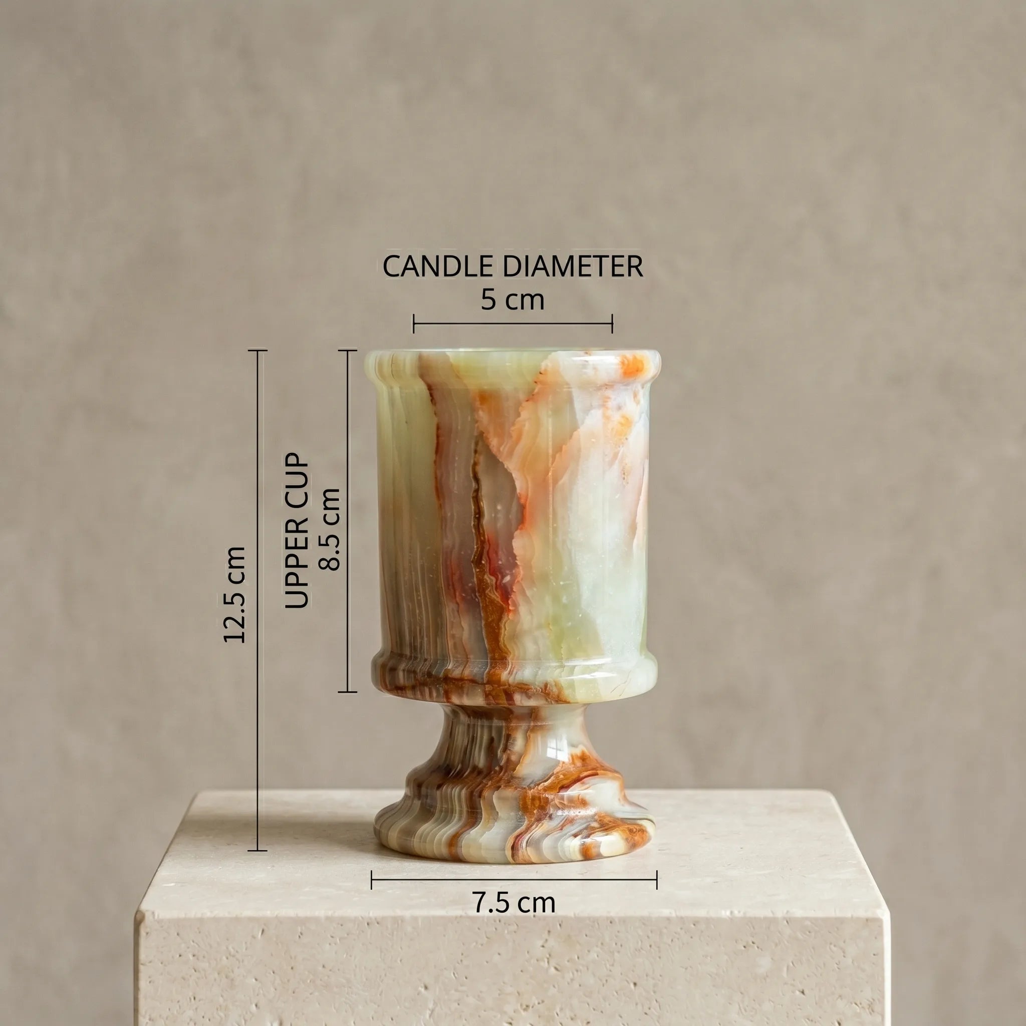 Amber onyx pedestal candle holder size dimensions, solid natural agate stone candlestick height and base reference