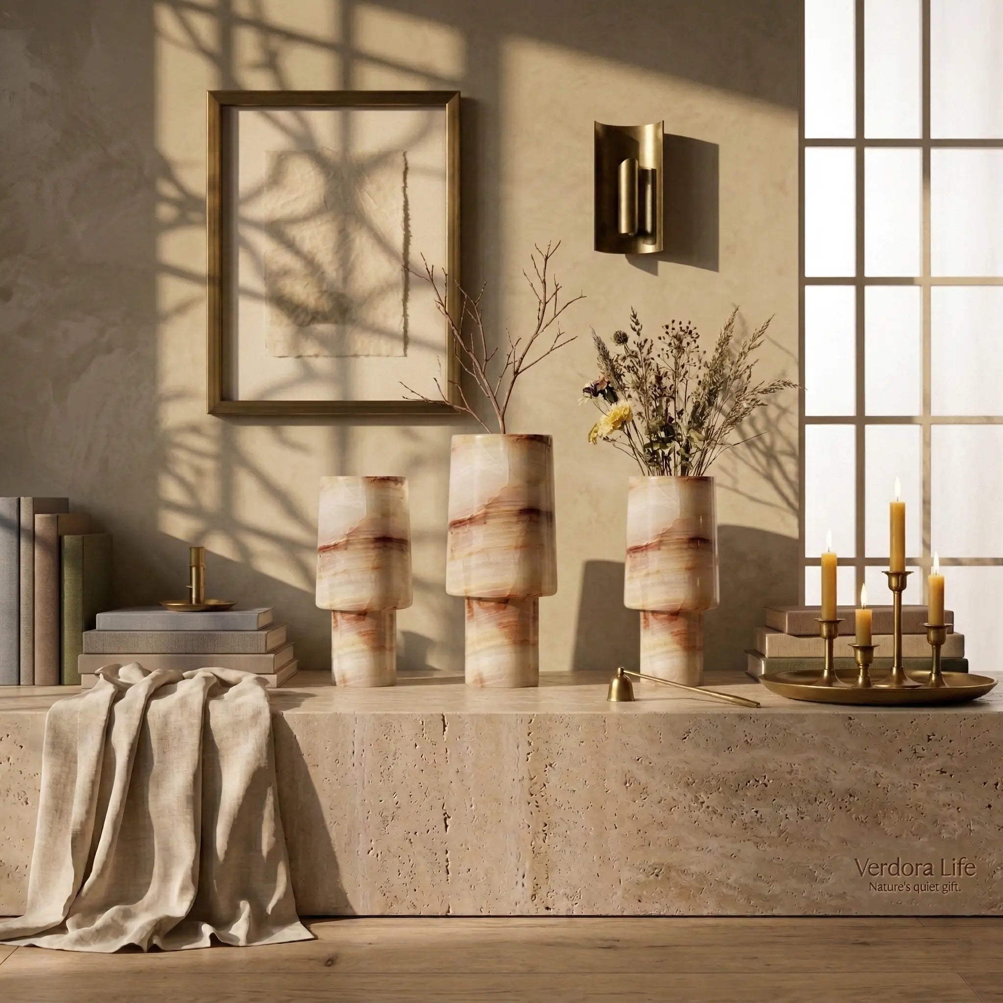 Trio set of Sleek Monolith Vases in different sizes displayed as luxury home decor accents.