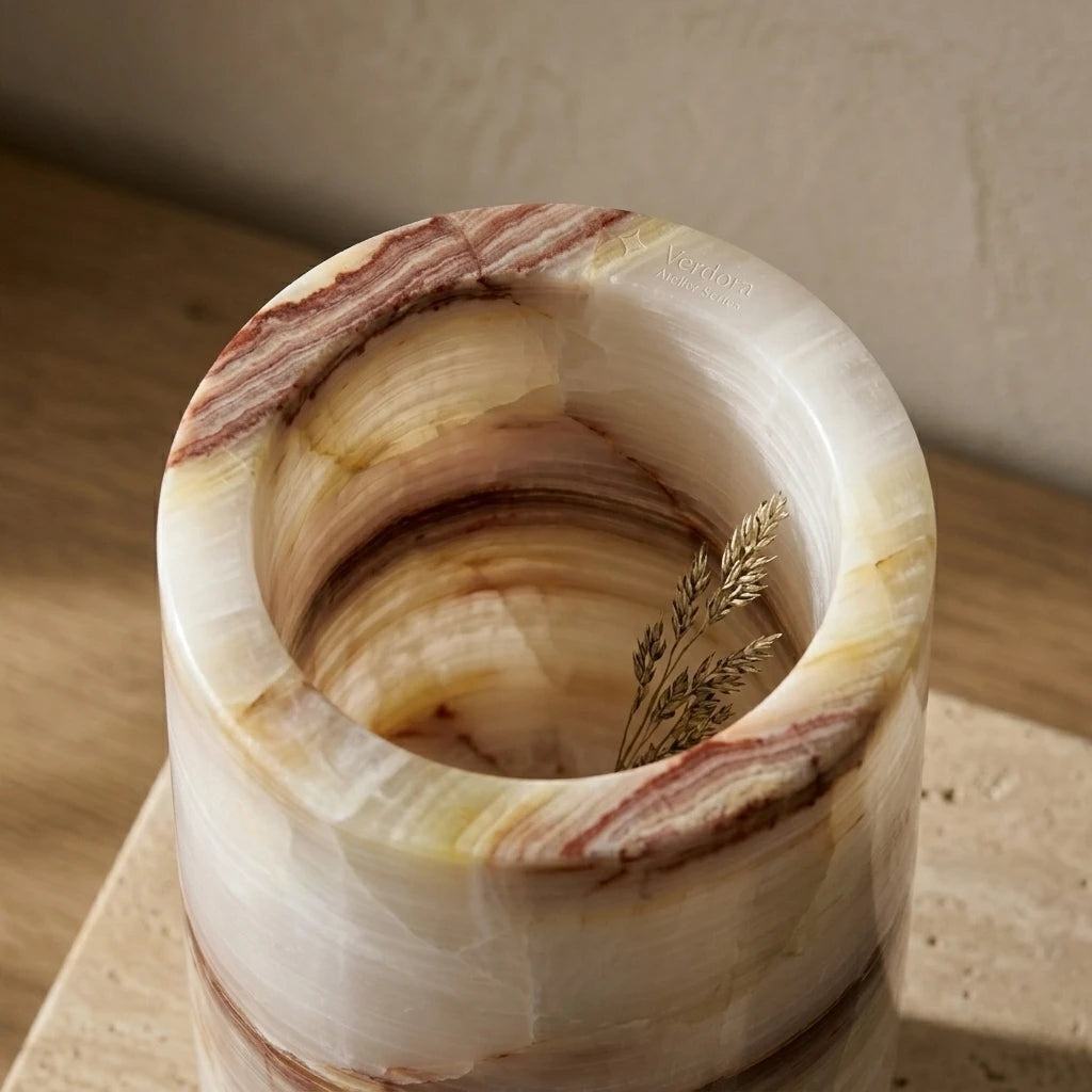 Top down view of Sleek Monolith Vase highlighting the natural reddish mineral veining and hollow center.