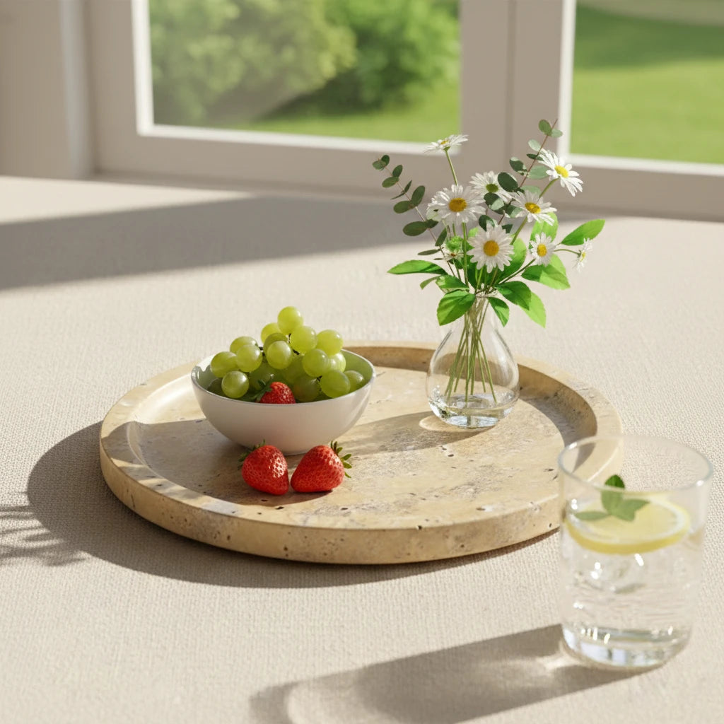 Amber Marble Round Tray used for serving fruits and drinks on a bright sunny tabletop