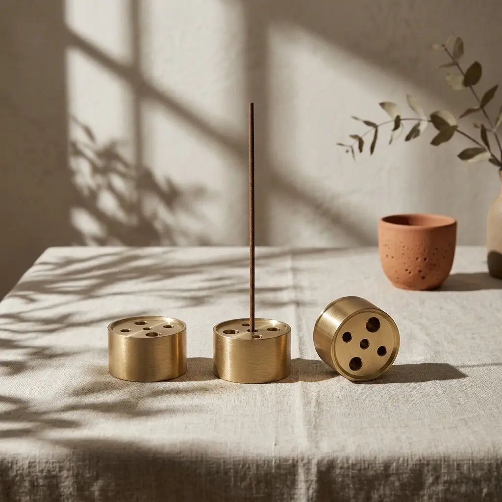 Minimalist brass incense holders styled on a linen tablecloth with an incense stick and earthy ceramic decor.