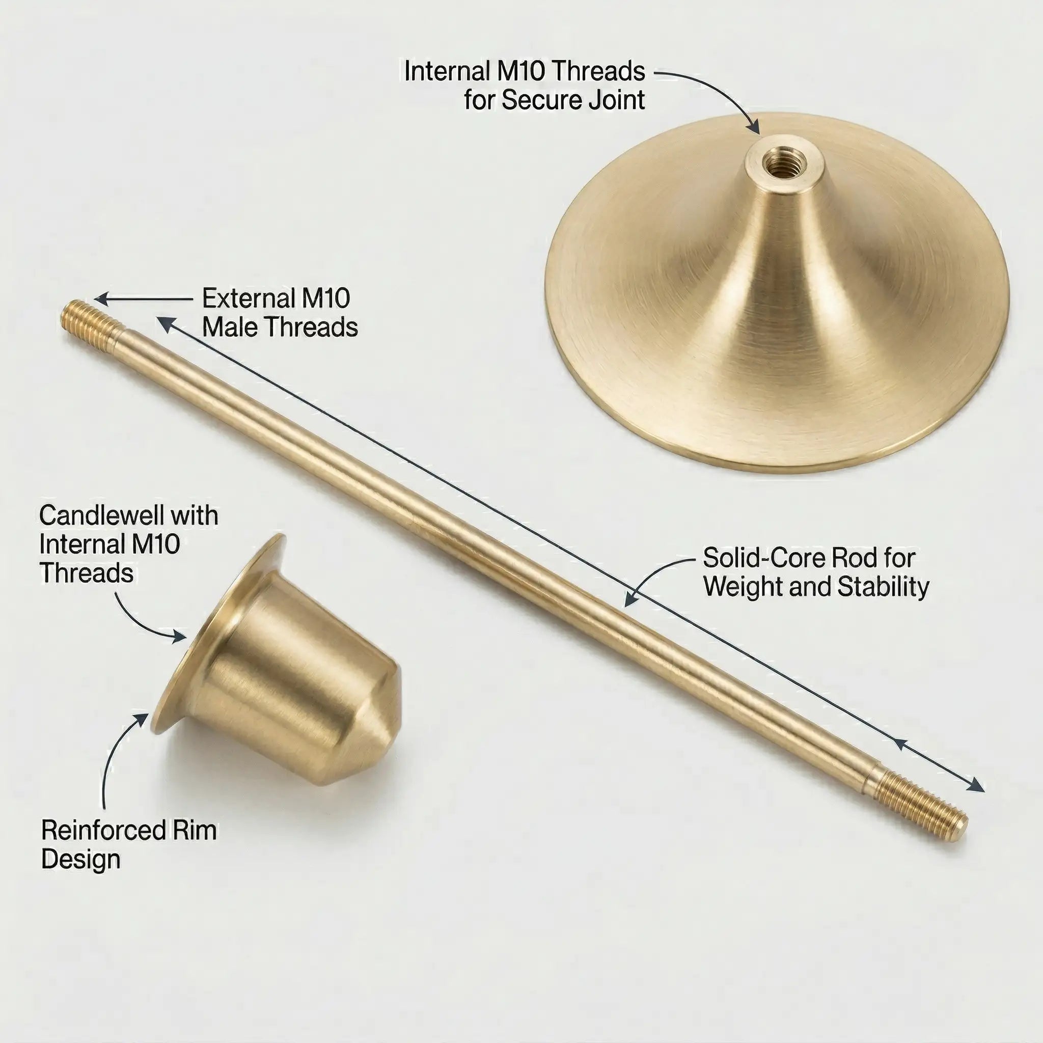 Exploded view of Brass Monolith Trio parts showing the solid brass rod, base, and threaded secure joints.