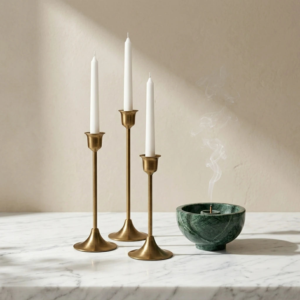 Brass Monolith Trio candlestick holders presented against a dark, moody background to emphasize the warm gold metallic glow.