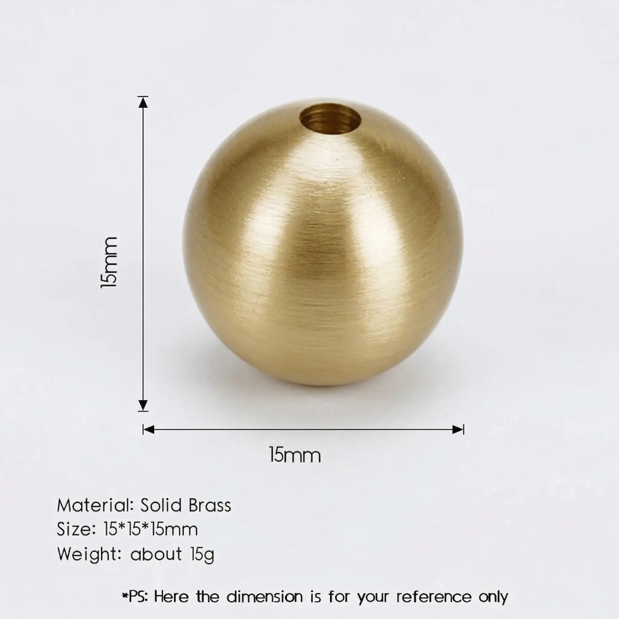Dimensions guide for Brass Sphere Relic showing a 15mm diameter for the solid brass incense ball.