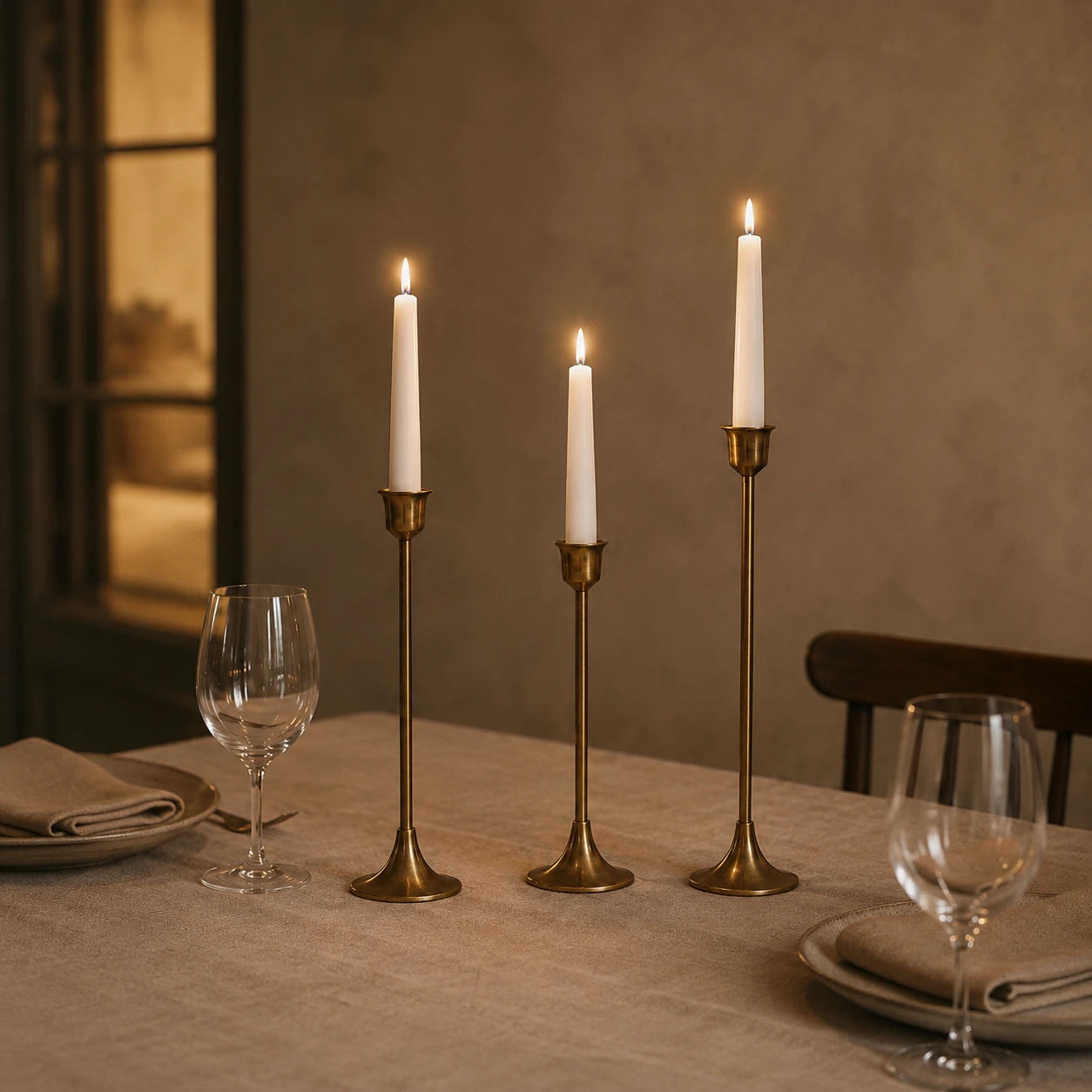 Three brass taper candle holders with lit white candles on an elegant dining table