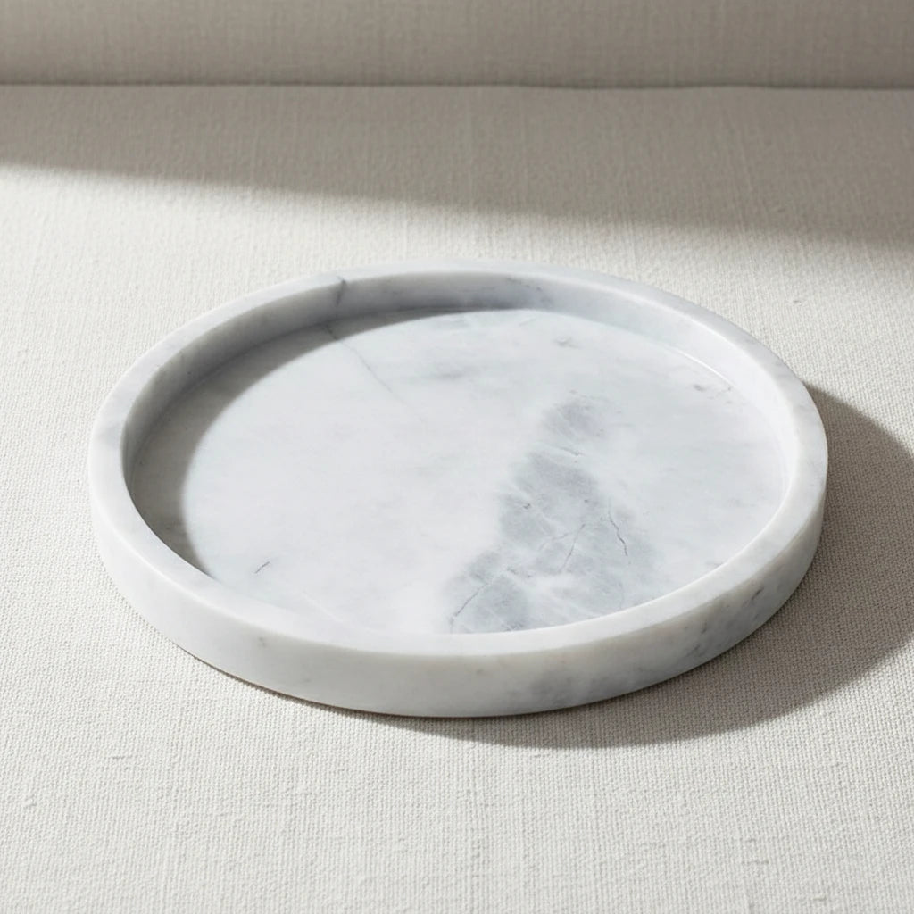 Classic White Circular Tray handcrafted from 100% natural white marble stone
