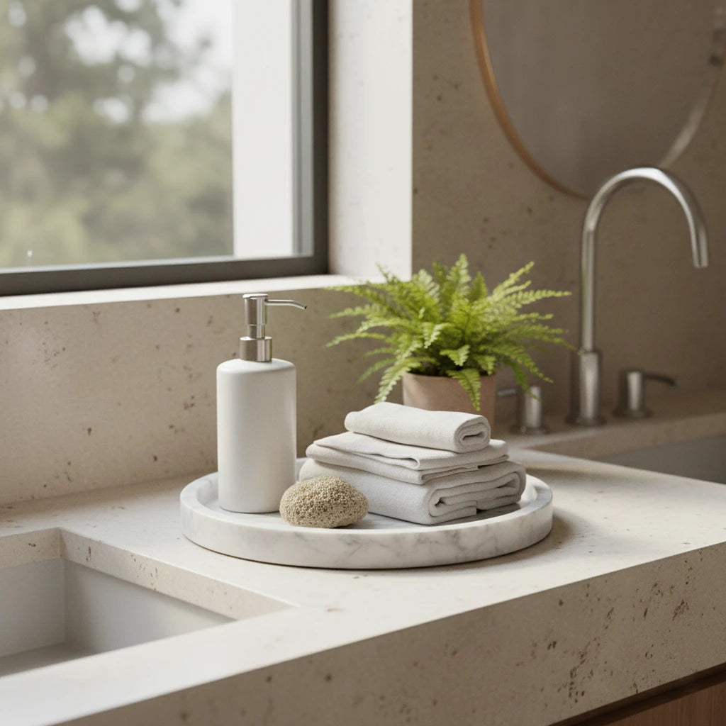 Classic White Circular Tray used as a luxury bathroom vanity organizer for towels and soaps