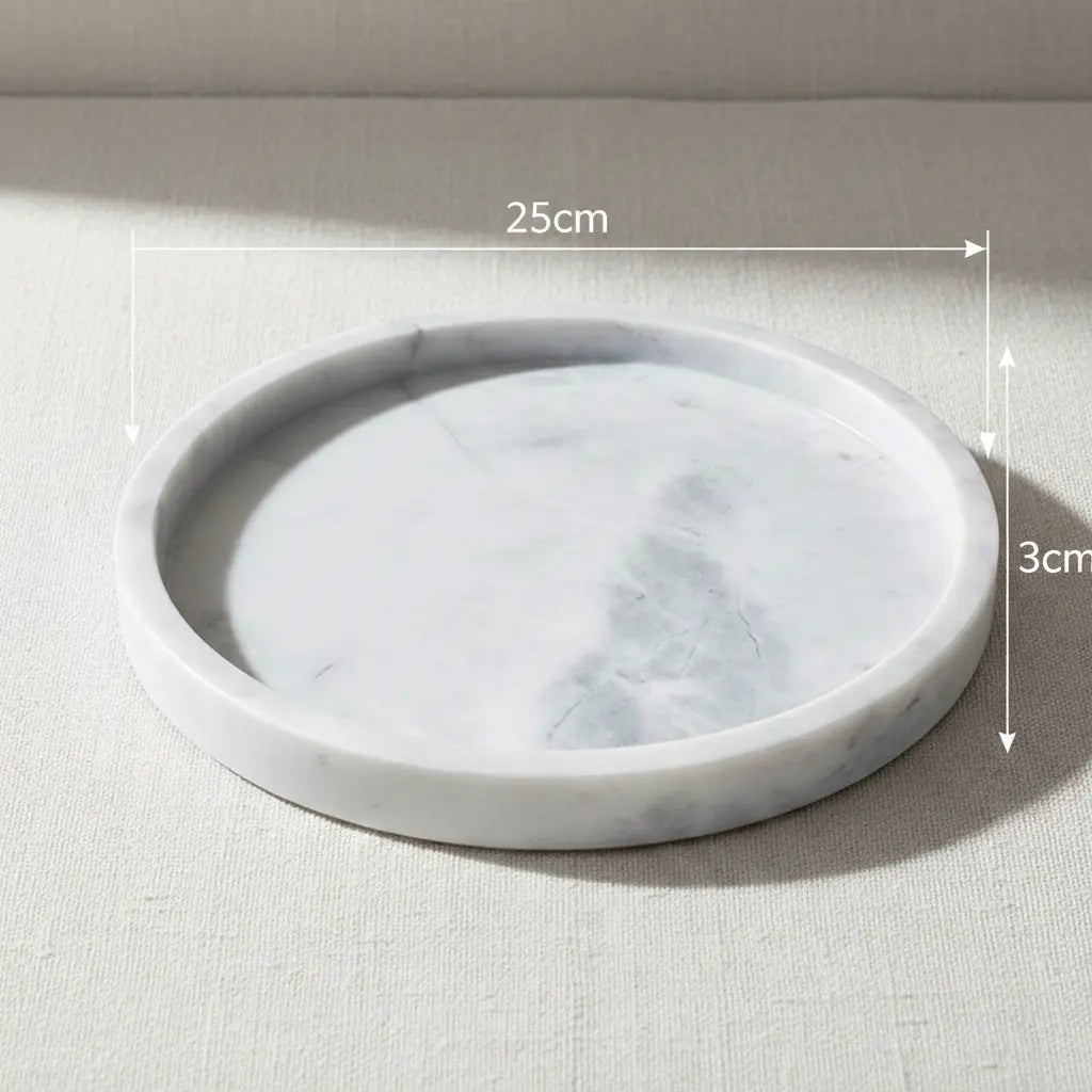 Classic White Circular Tray marble stone plate with precise 25cm diameter and height dimensions