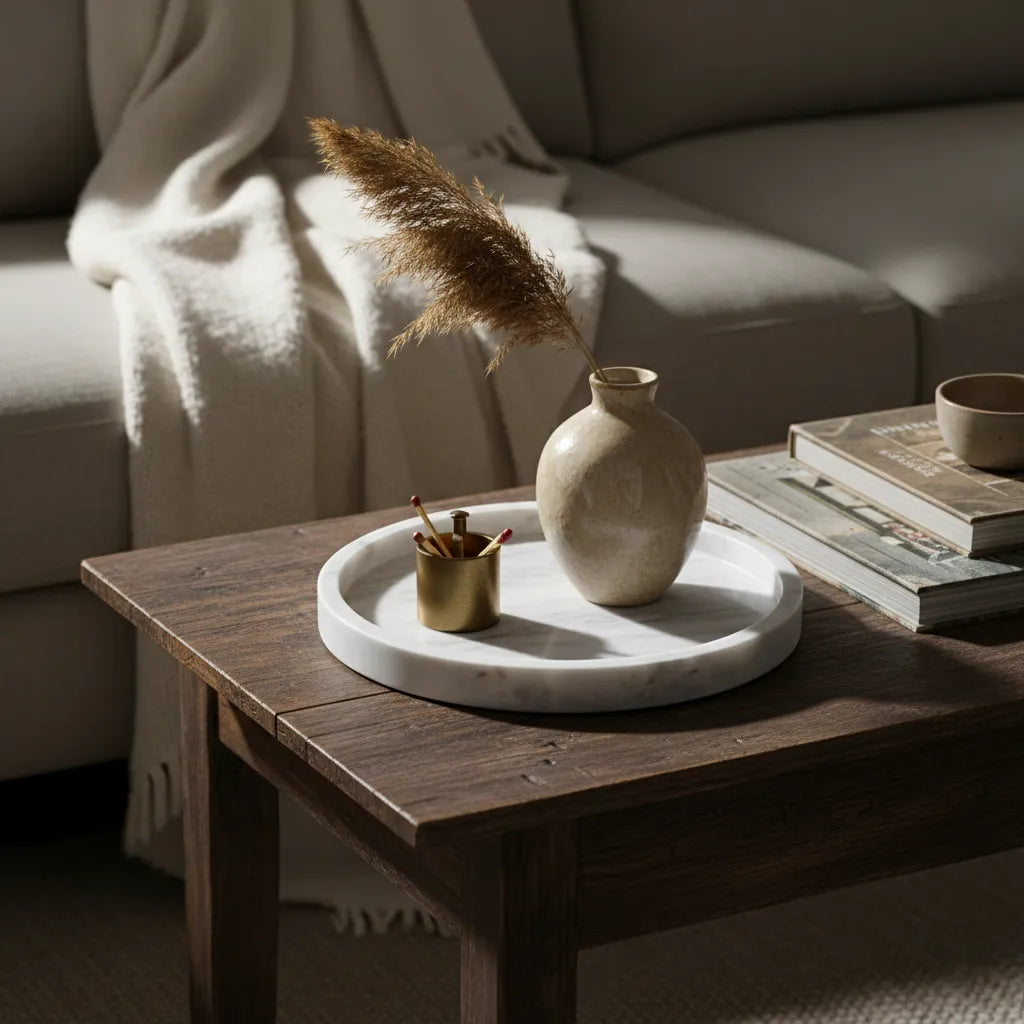 Classic White Circular Tray on a dark wood coffee table as a minimalist living room centerpiece